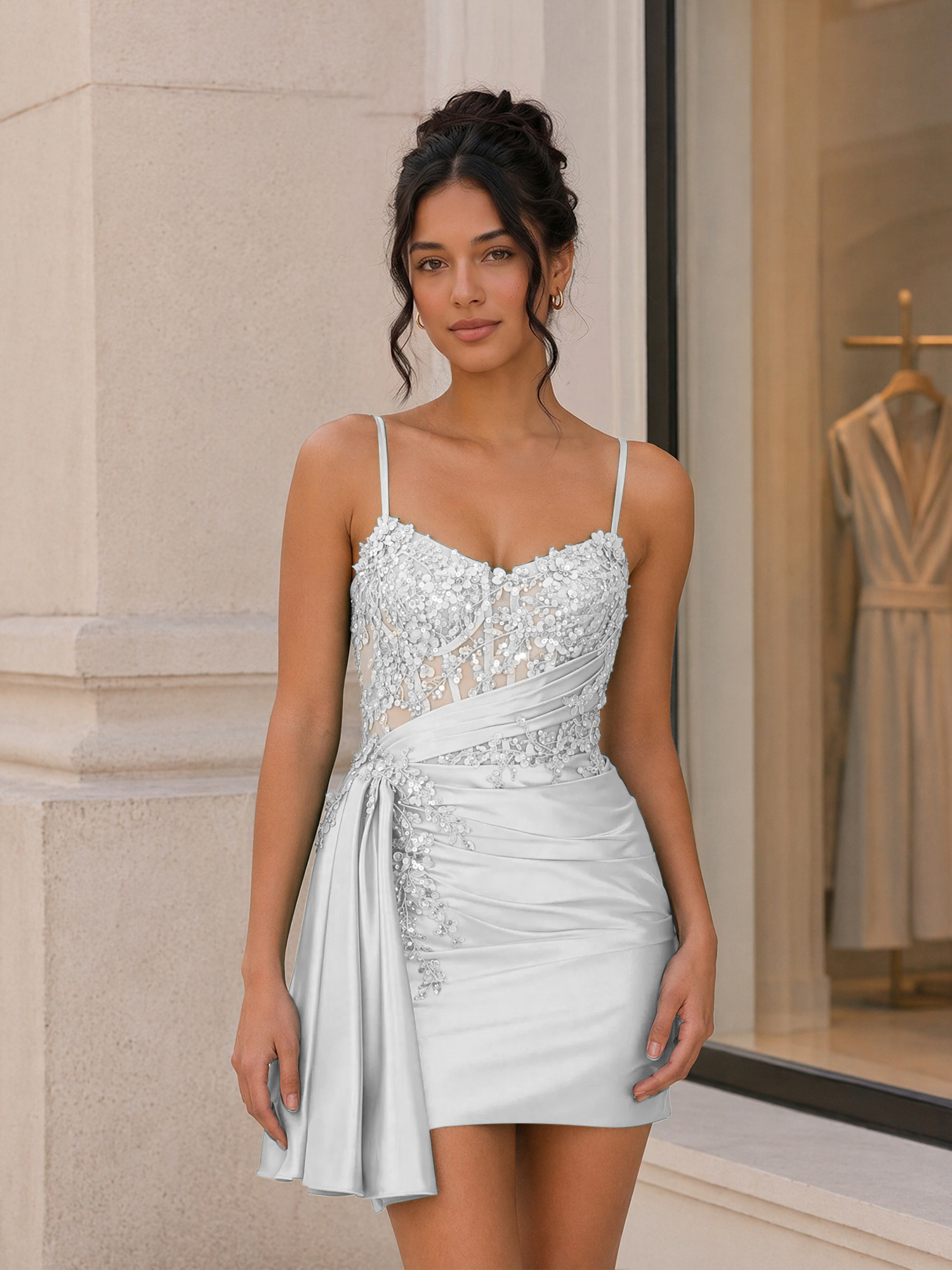 Radiant Floral Appliqué Corset Sheath Spaghetti Straps Homecoming Dress