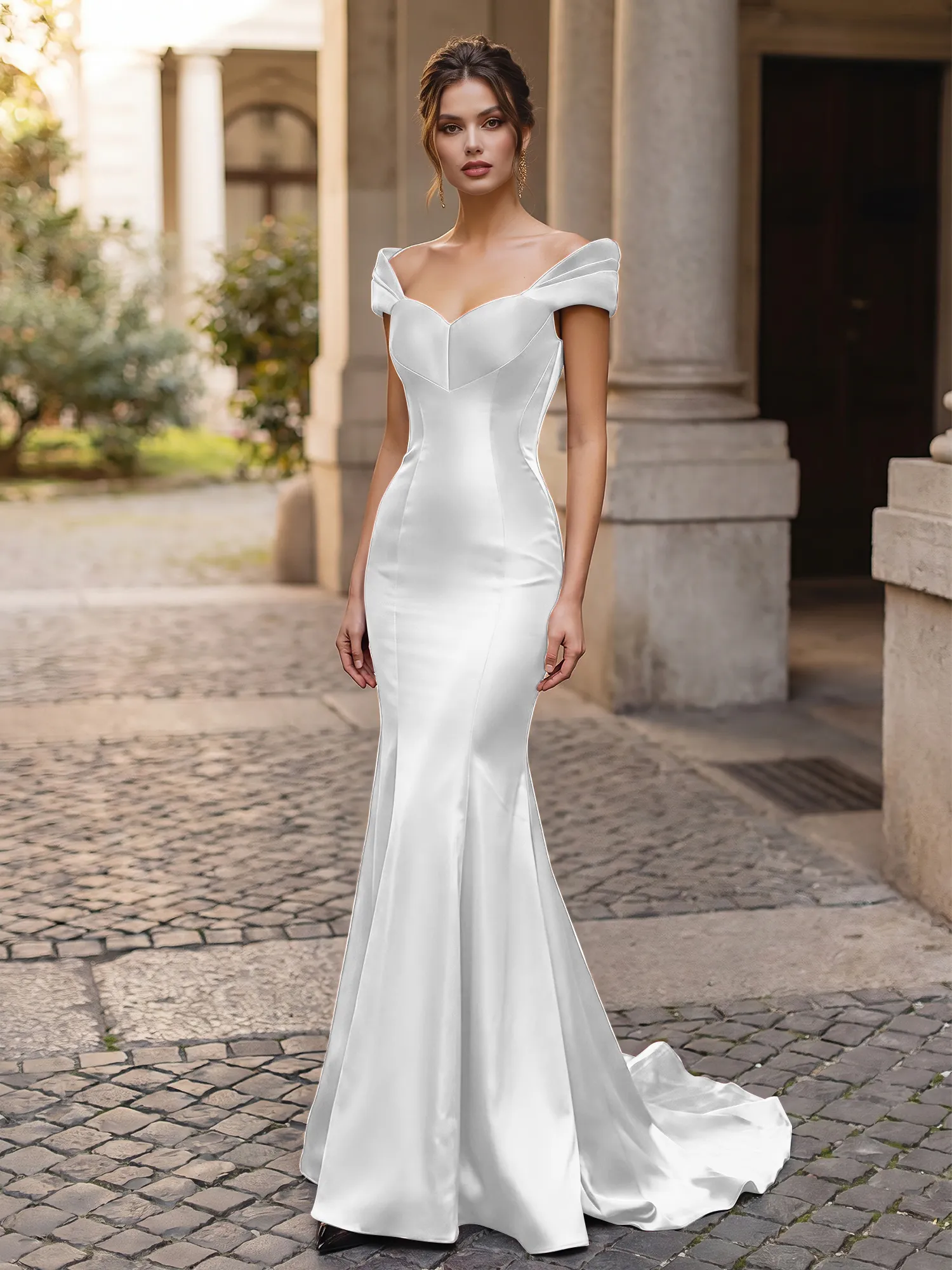 Off-the-Shoulder Sweetheart Lace-Up Back Satin Mermaid Prom Dress