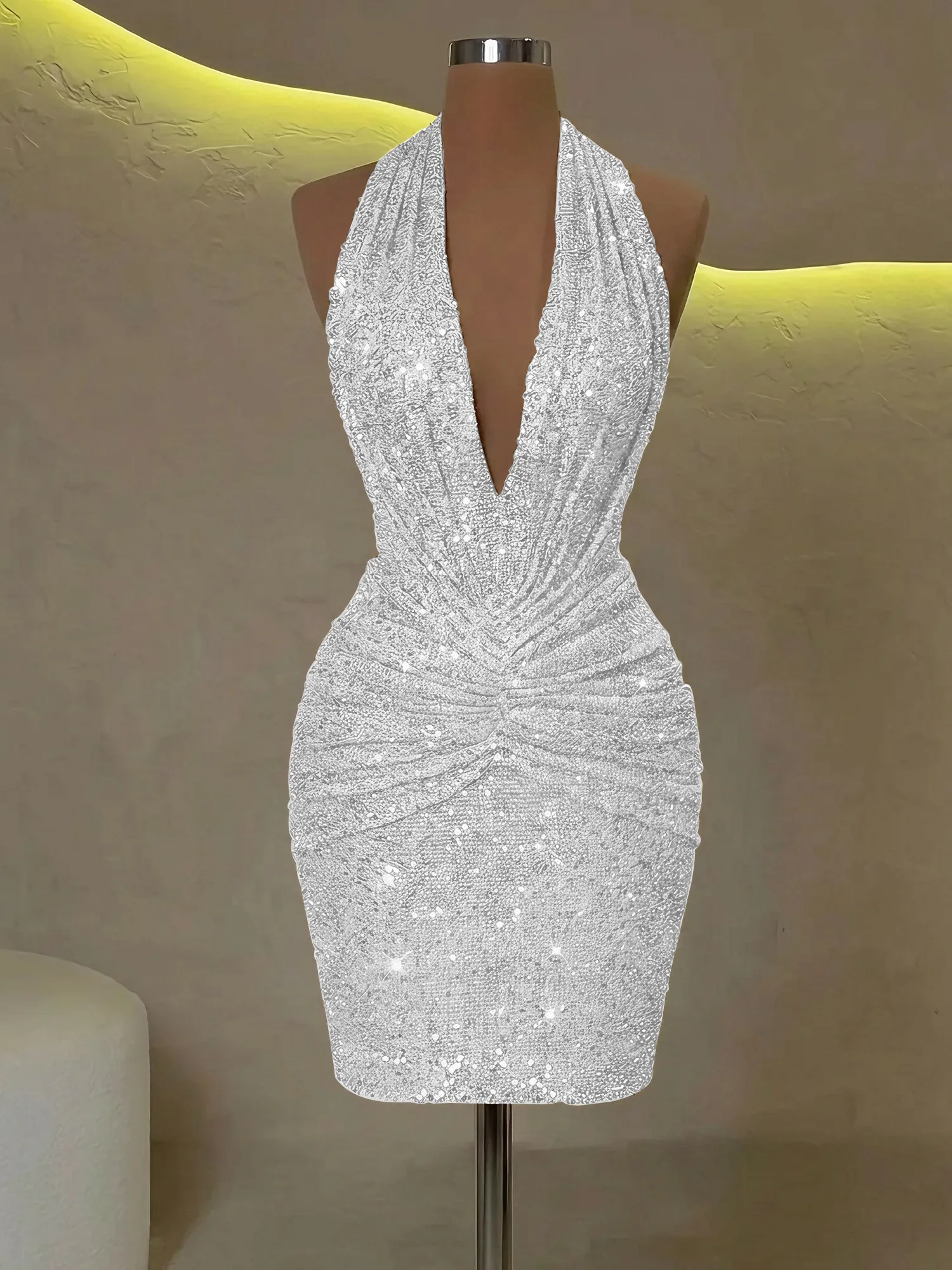 Sequin Halter Deep V-Neck Bodycon Homecoming Dress Mini Dress