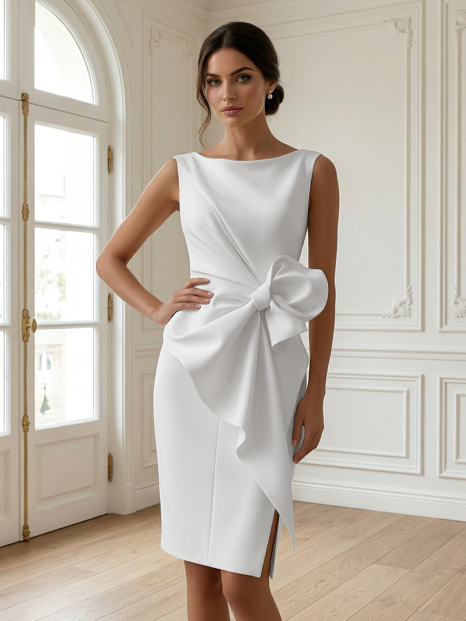 White 3D Bow Sleeveless Sheath Midi Dress Evening Gown