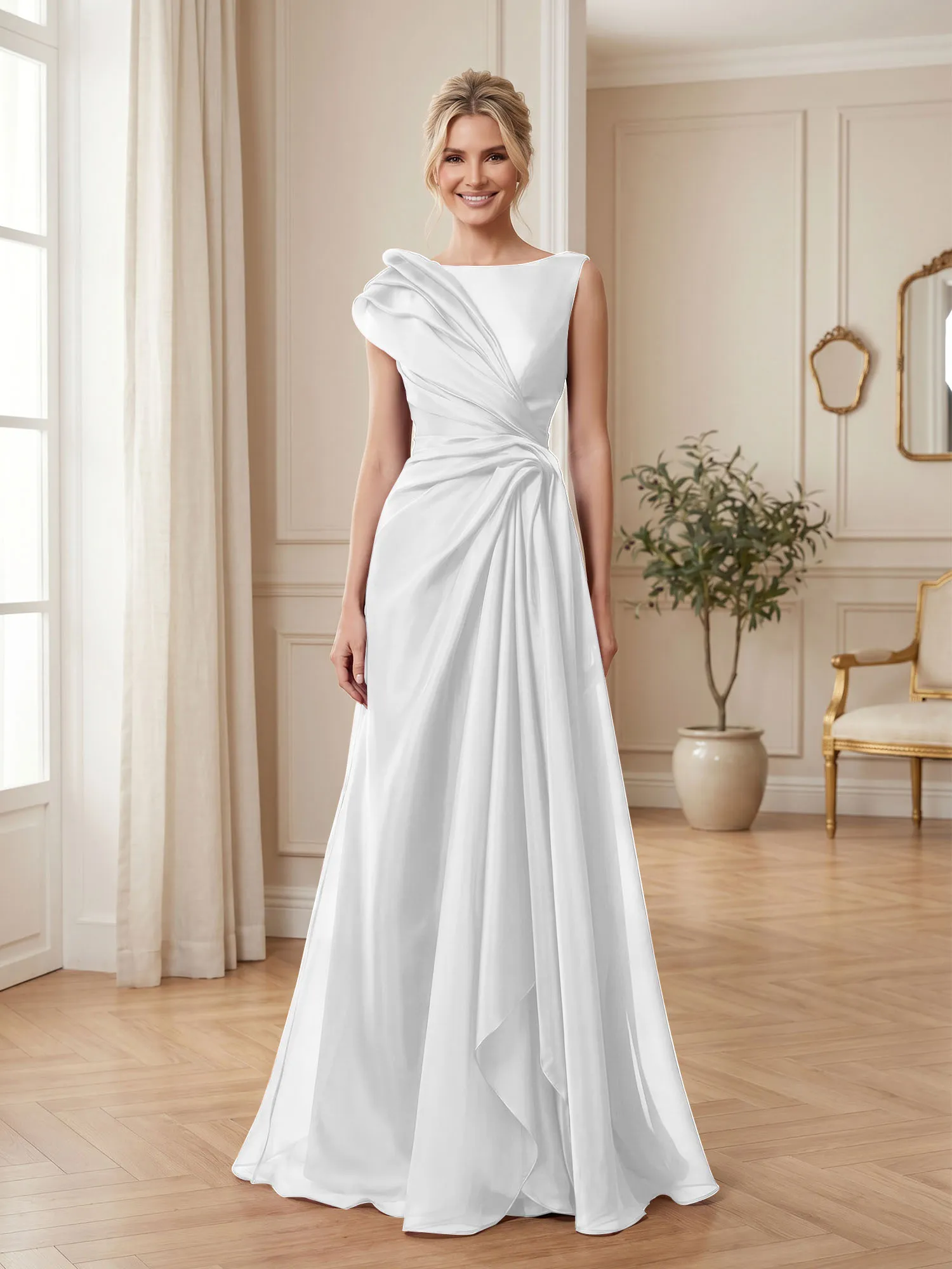 A Line Ruched Draped Tulle Evening Gown