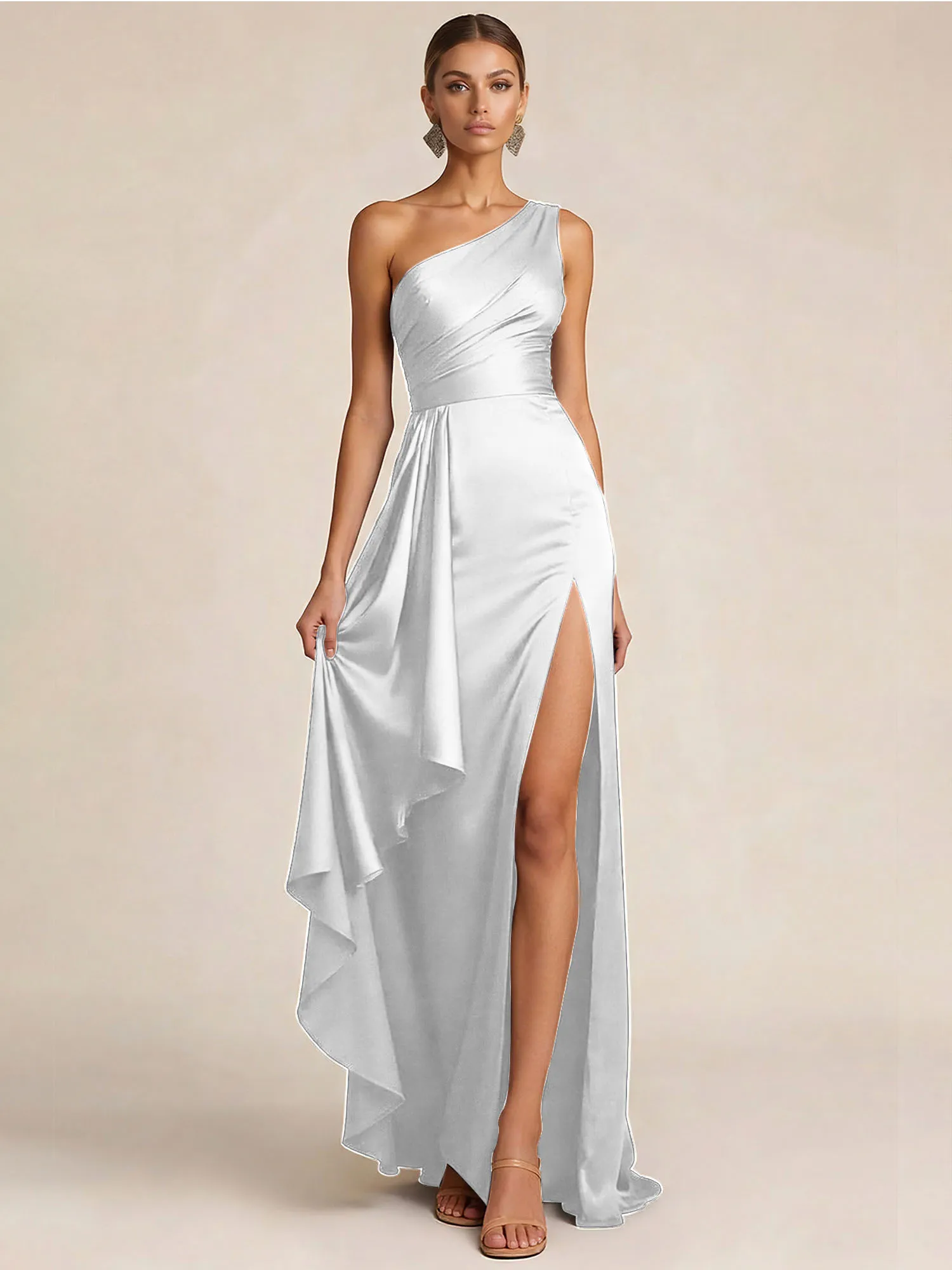 Sleek Foraml Evening Gown Midnight Navy One-Shoulder Satin Slit Maxi Dress