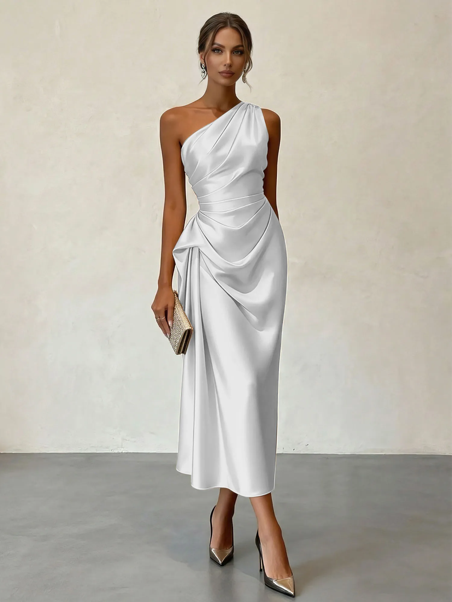 One-Shoulder Ruched Satin Midi Evening Dress with Draped Detail