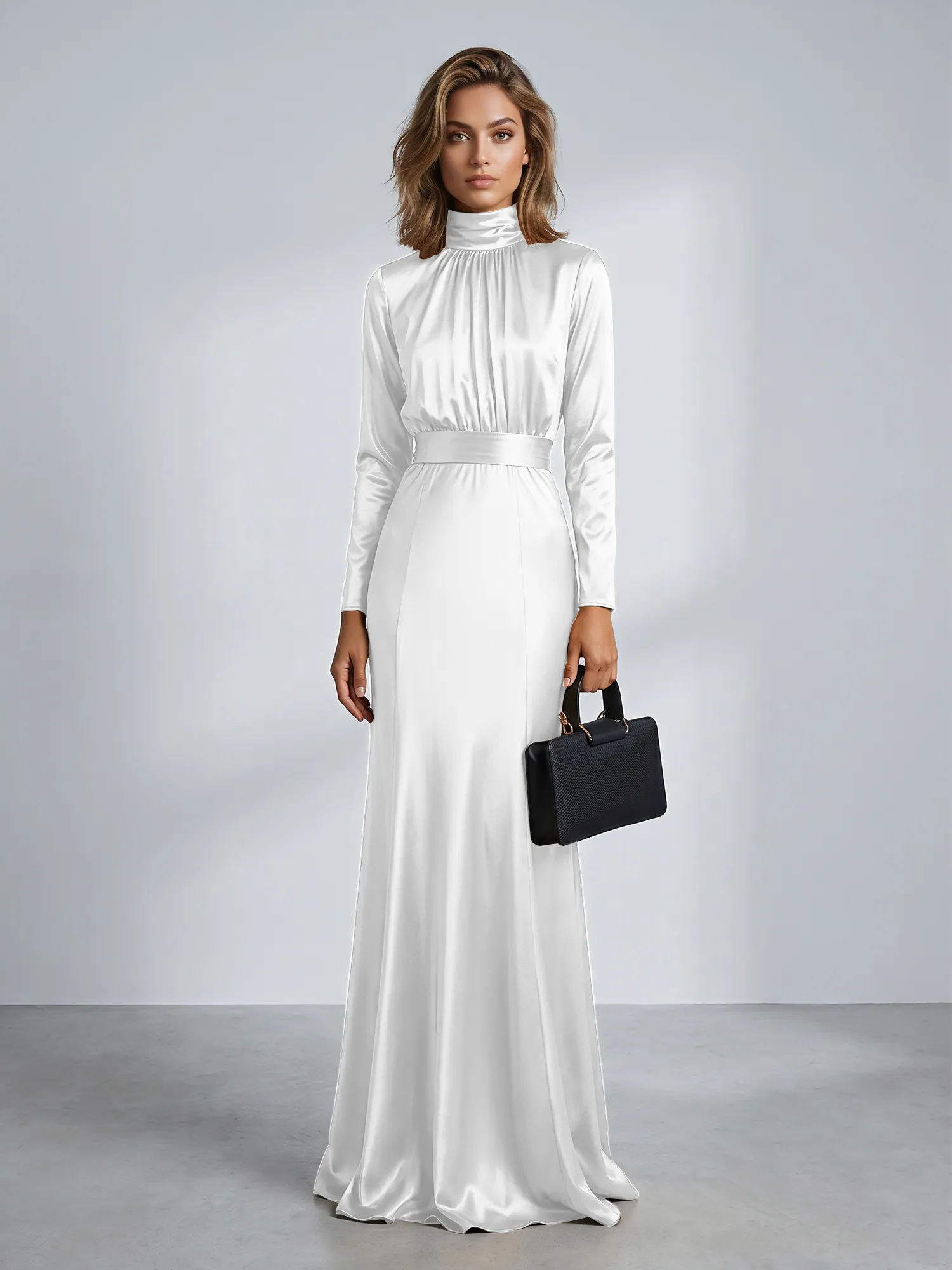 High Neck Long Sleeve Satin Mermaid Evening Gown with Waist Sash
