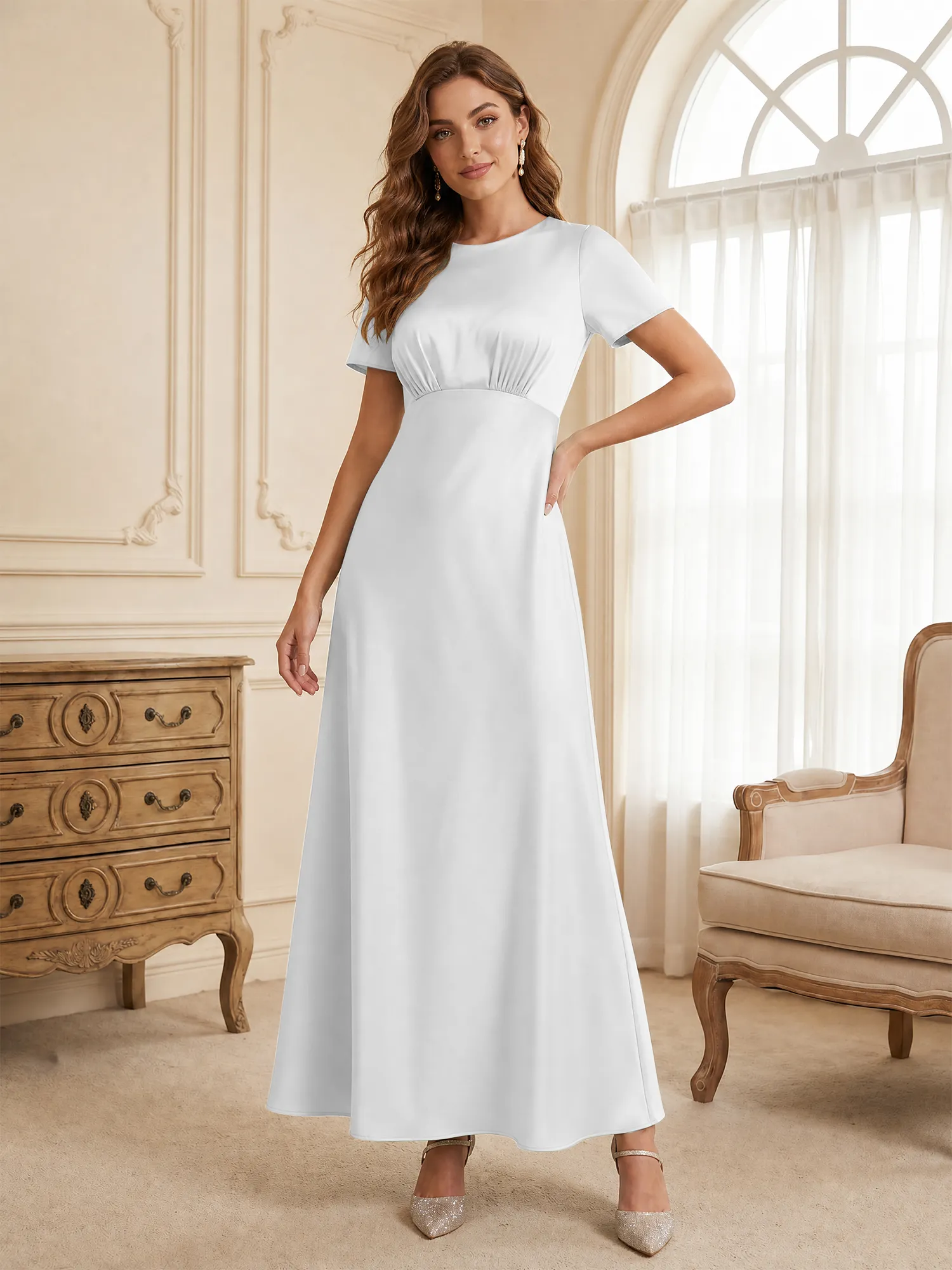 Round Neck Short Sleeve Satin Bridesmaid Dress