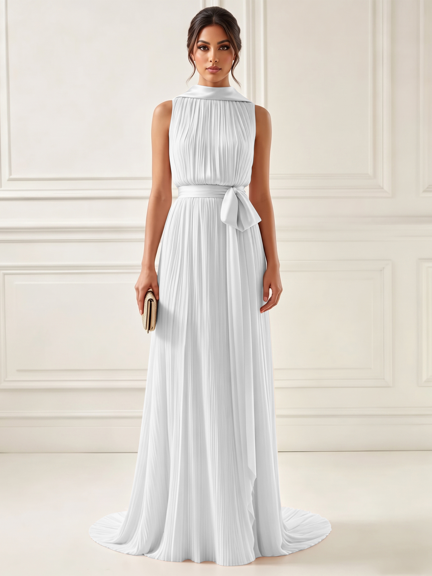 Ethereal Pleated Pastel Pink High Neck Maxi Formal Evening Dress with Satin Sash