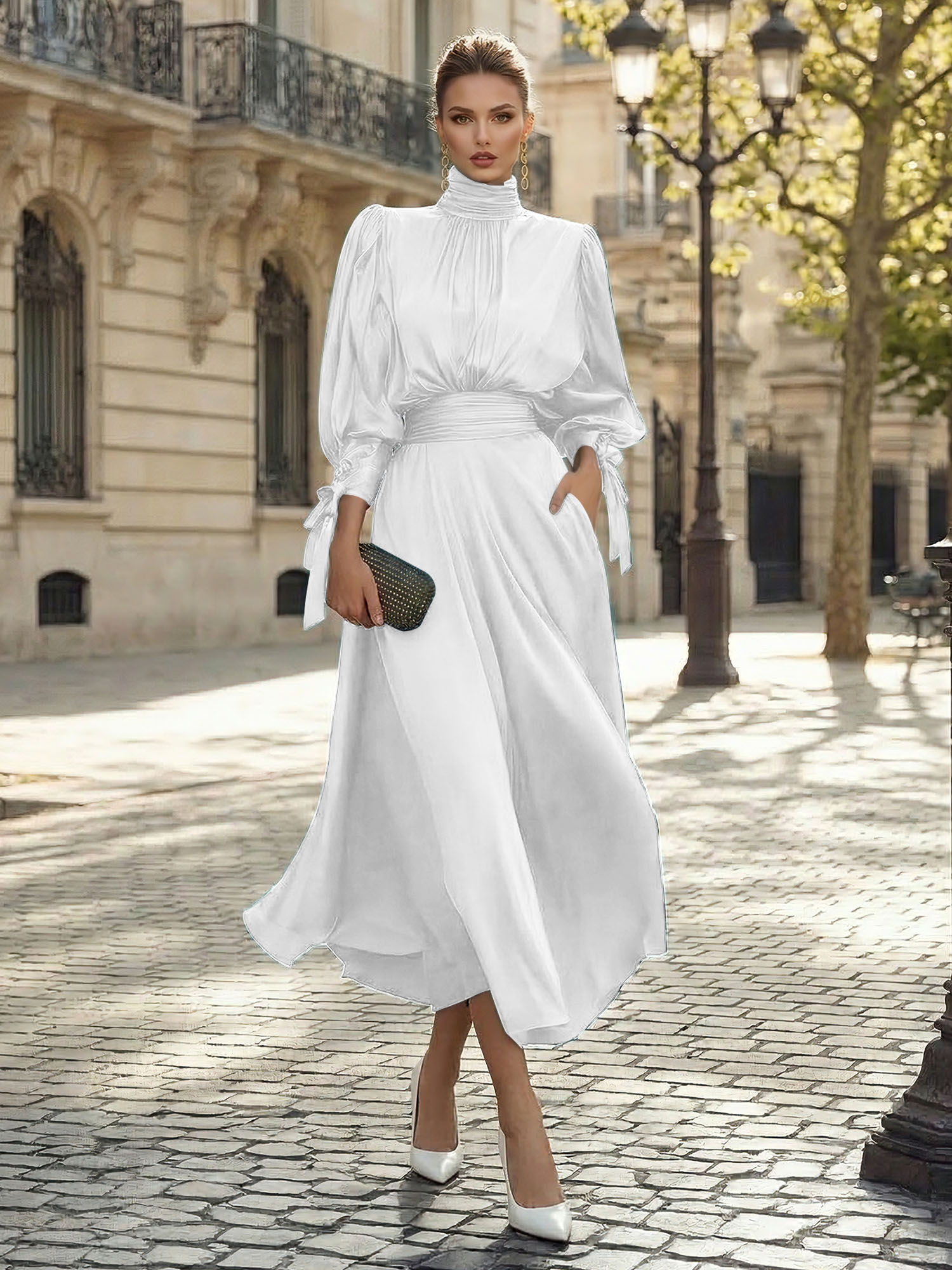 Sophisticated Camel V-Neck Balloon Sleeve Midi Dress Evening Gown