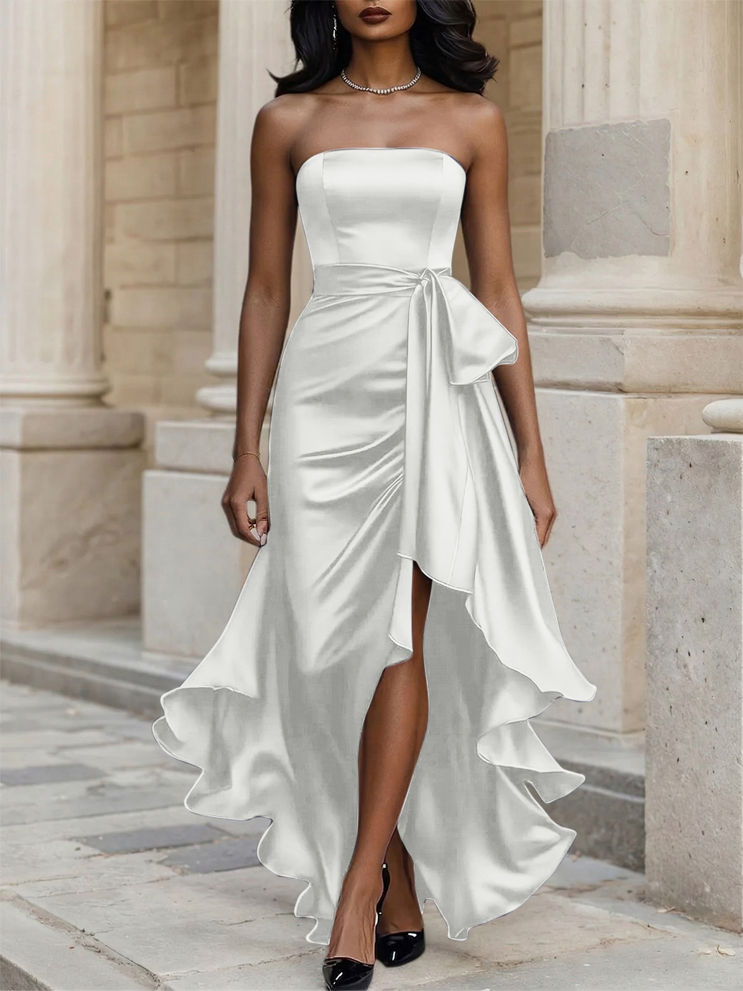 Glamorous Formal Dress Midnight Navy Strapless High-Low Satin Gown Midi Dress