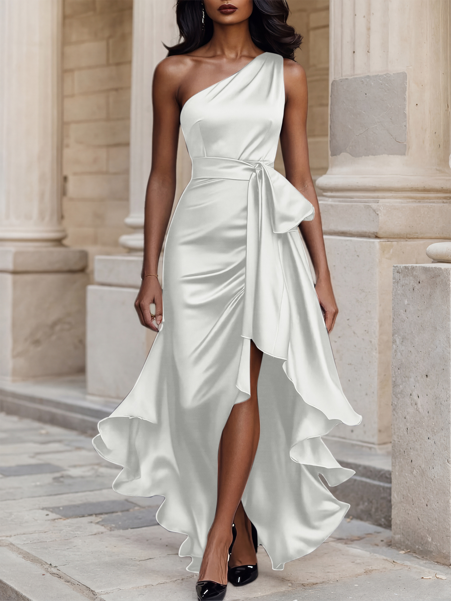 Glamorous Formal Dress Midnight Navy One Shoulder High-Low Satin Gown Midi Dress