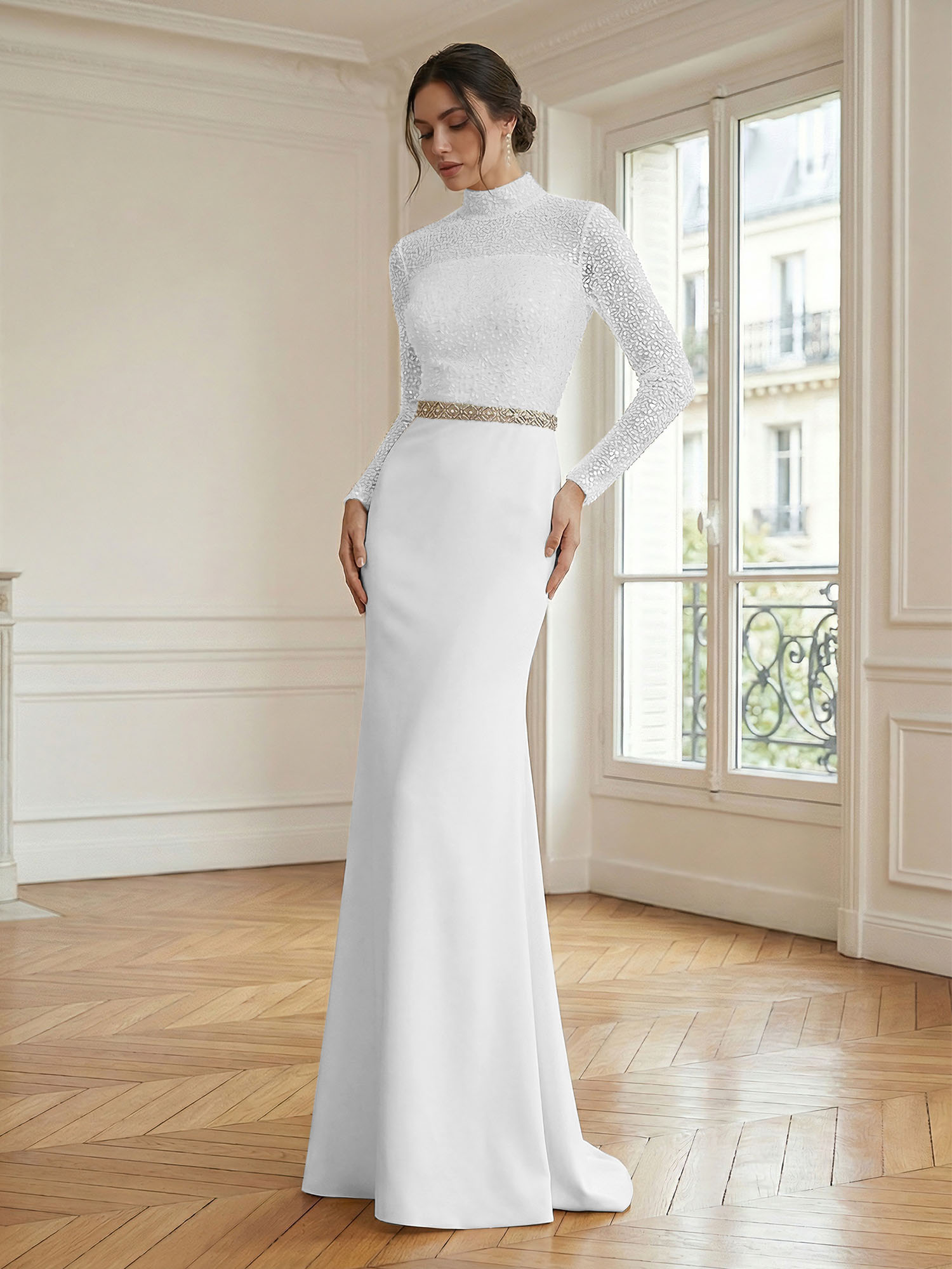 Formal Dress White Sheath Illusion Neck Beaded Chiffon Maxi Dress