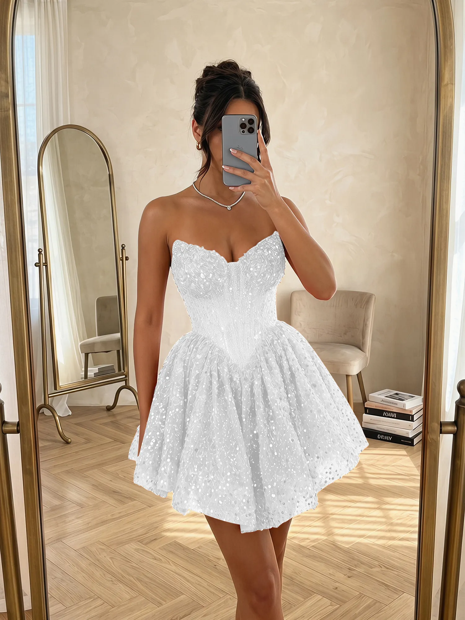 Strapless Sequin Pearl Corset Homecoming Dress with Lace-Up Back