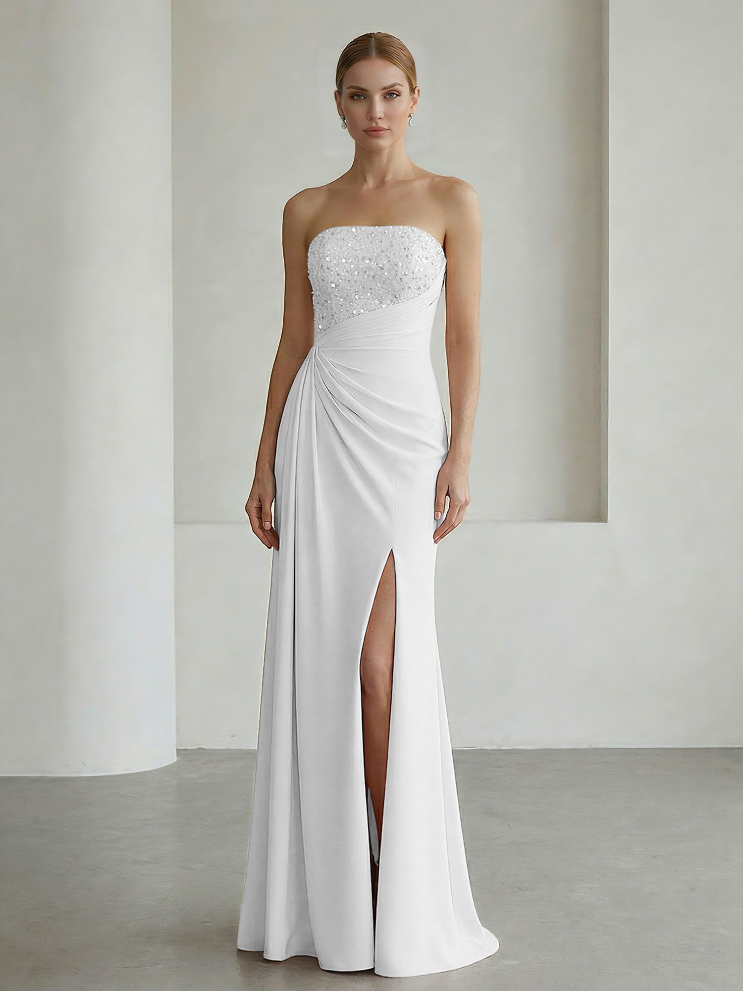 Glamorous Formal Evening Dress Soft Blush Beaded Strapless Slit Gown