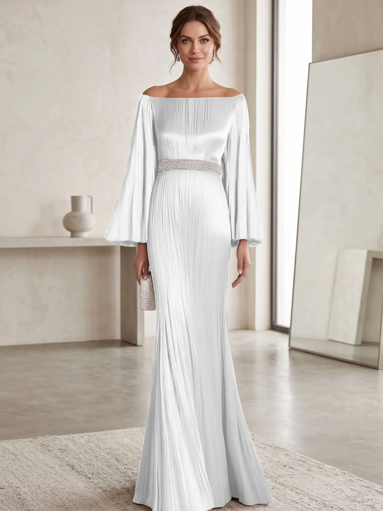 Off-the-Shoulder Pleated Satin Evening Gown with Beaded Waistband