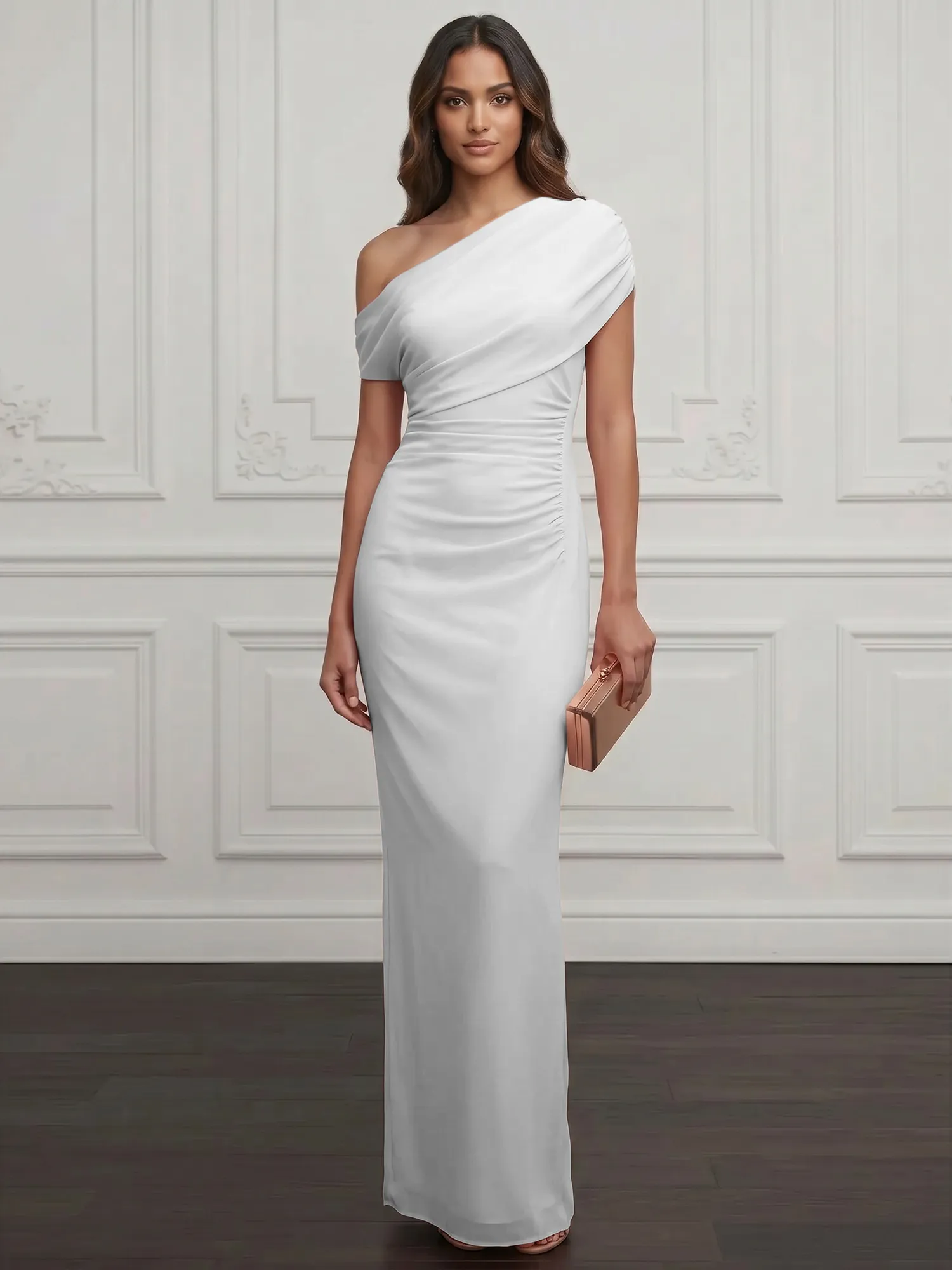One-Shoulder Draped Chiffon Evening Gown