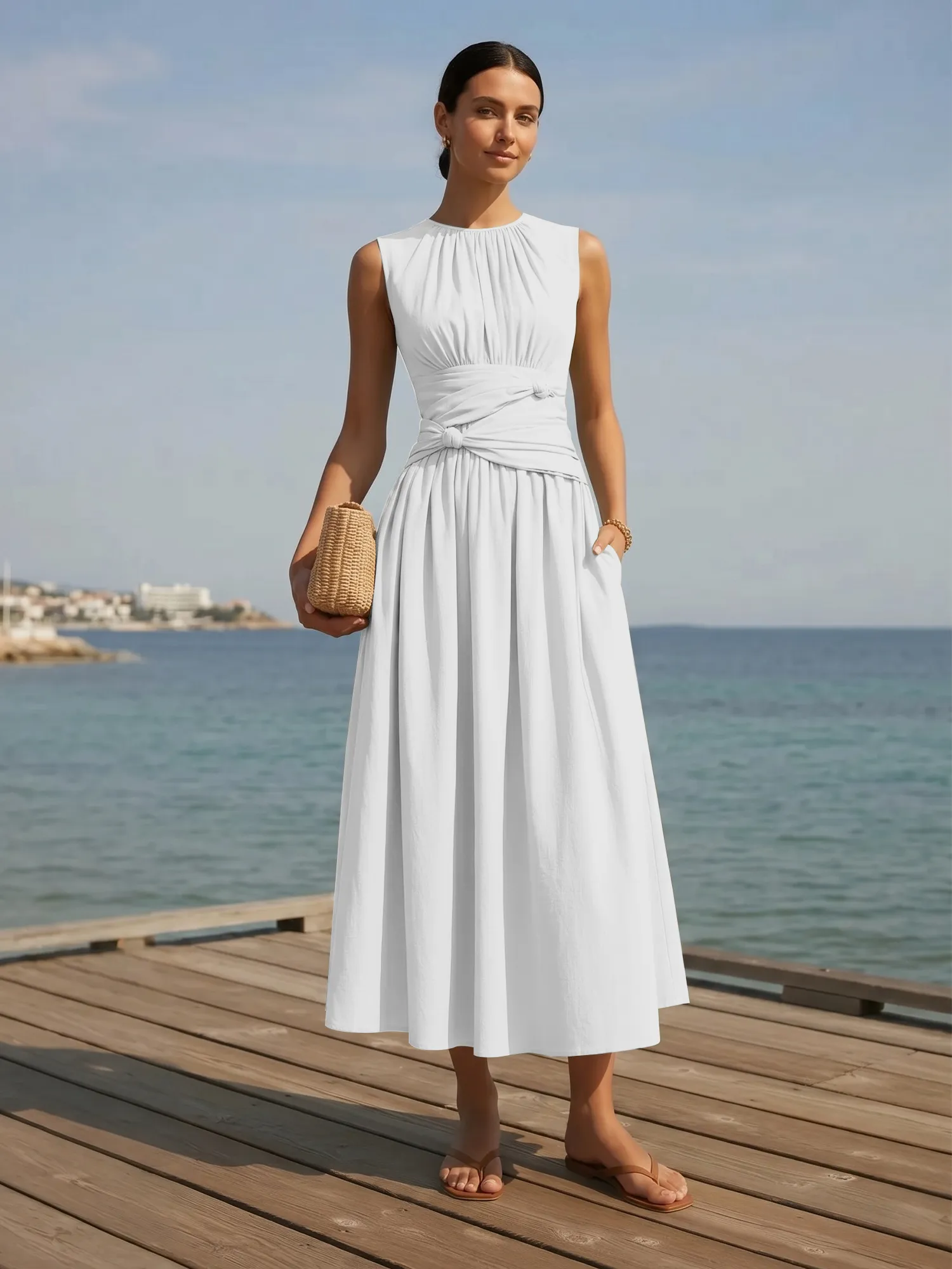 Sleeveless Round Neck Waist-Knot Midi Evening Dress
