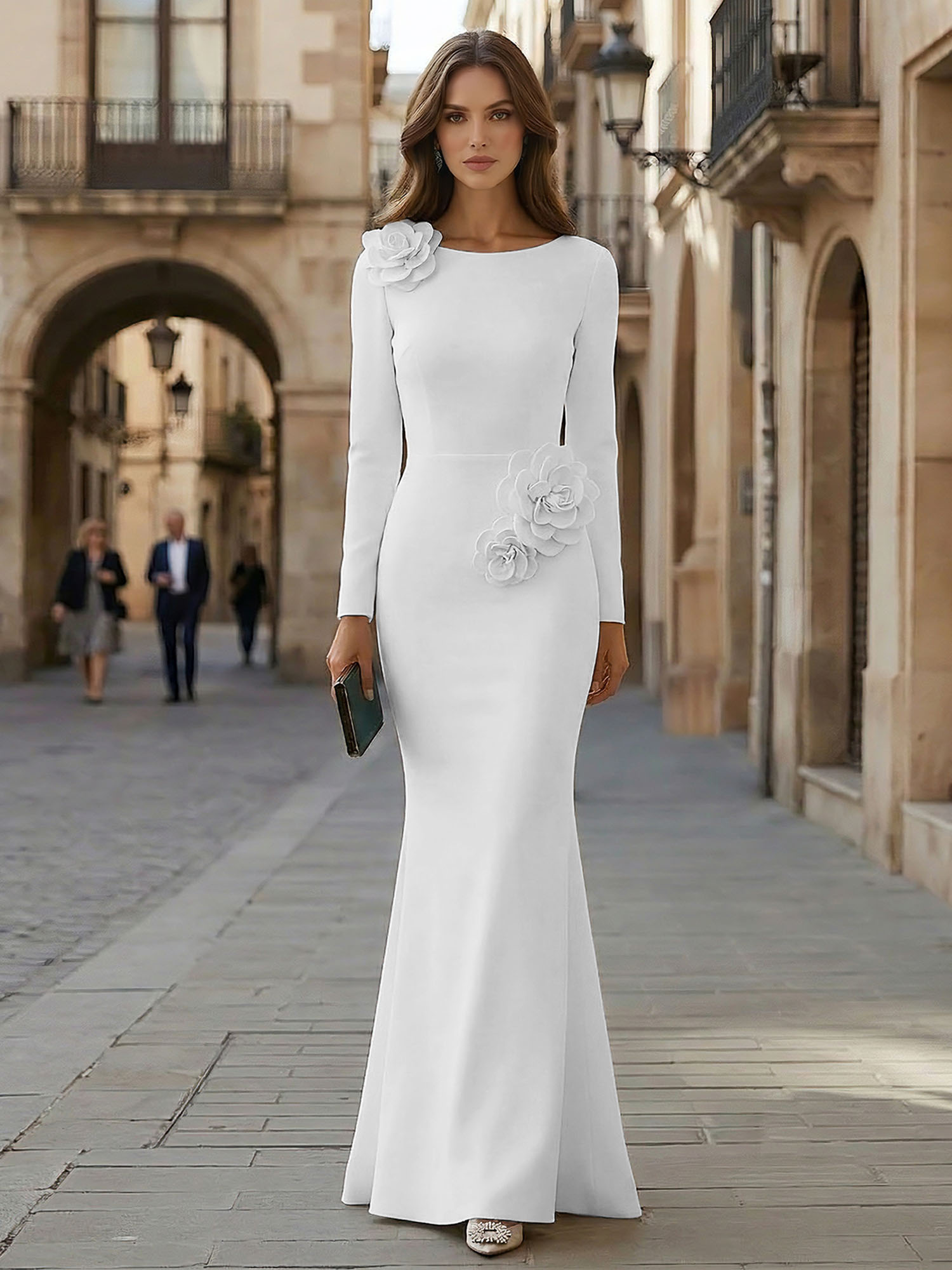 Elegant Pure White Formal Evening Dress Long-Sleeve 3D Floral Crepe Maxi Dress Gown