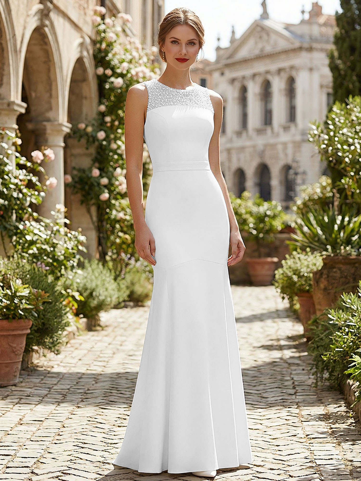 Pure White Sequin Neckline Sleeveless Mermaid Maxi Dress Gown