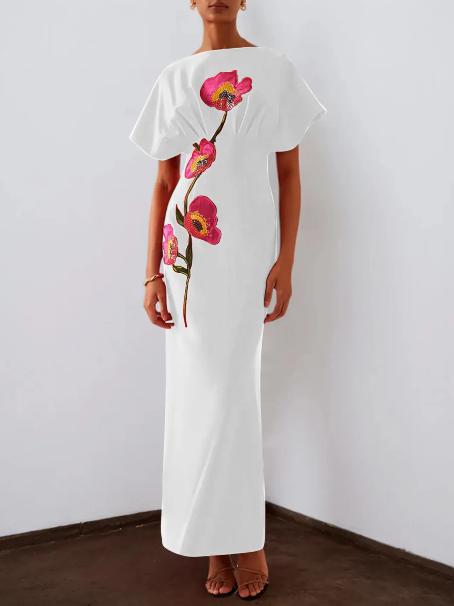 Floral Embroidered Boat Neck Batwing Sleeve Column Evening Gown