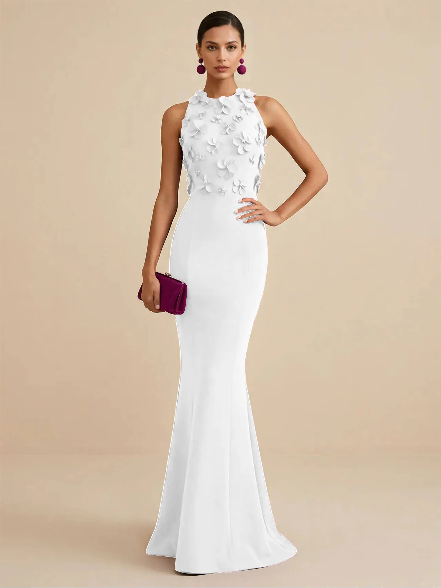 Scoop Neck 3D Floral Appliqué Crepe Mermaid Evening Gown