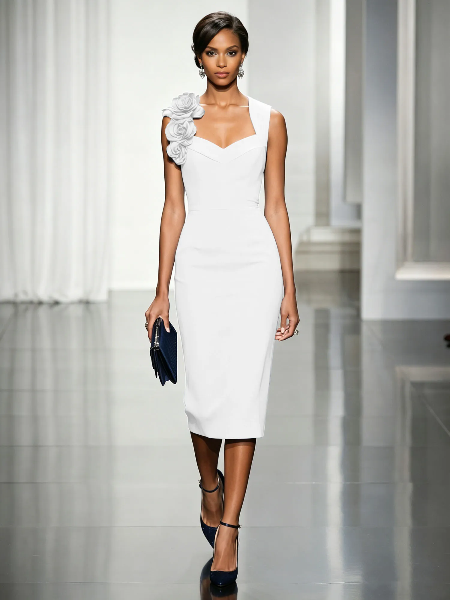 Asymmetric Neckline Crepe Midi Dress with 3D Floral Appliqué