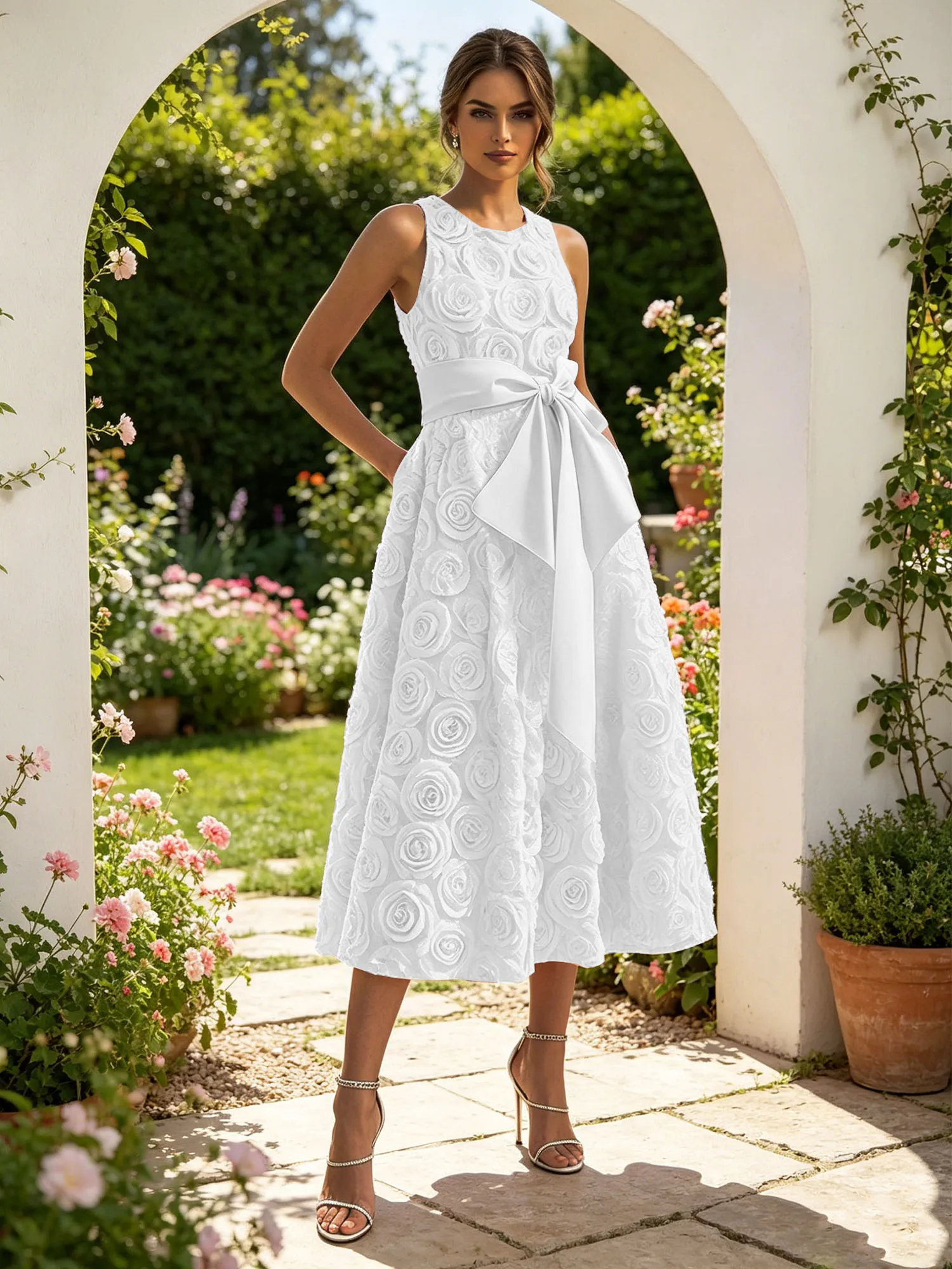 Sleeveless 3D Rose Midi Evening Dress with Satin Bow Sash