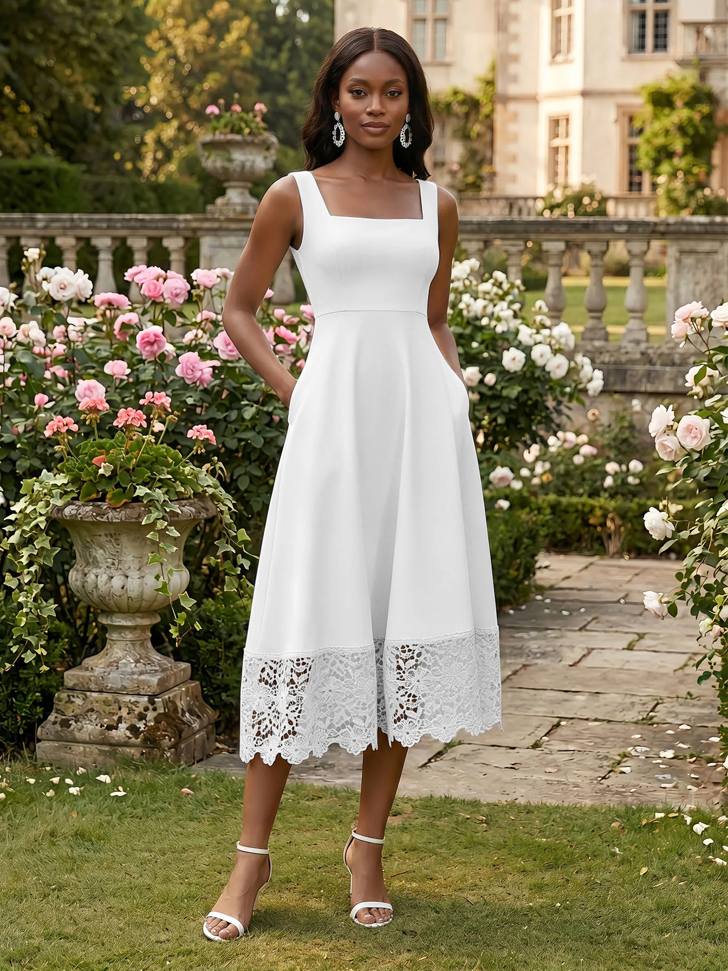 Square Neck Crepe Midi Evening Dress with Lace Hem