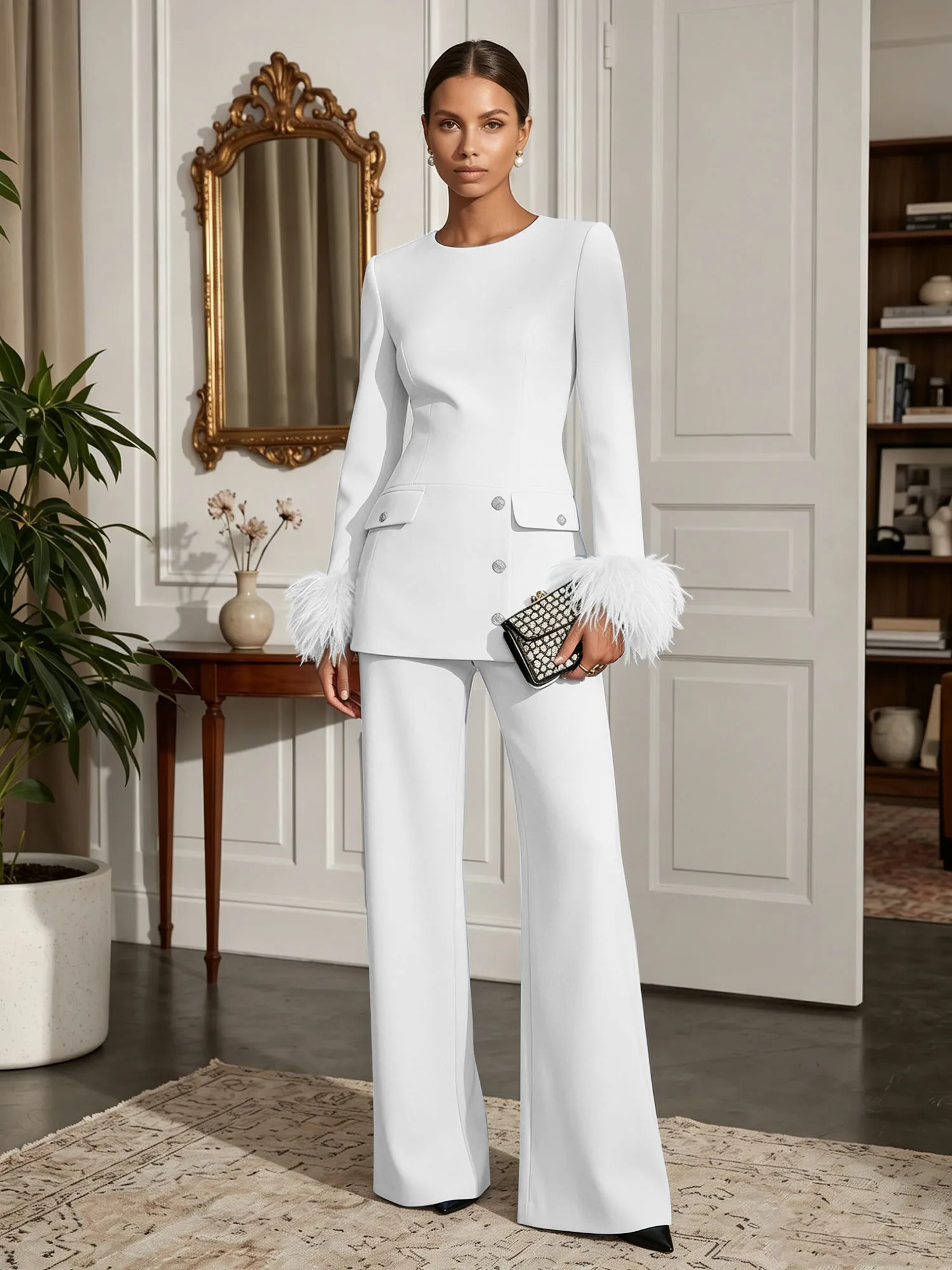 Scoop Neck Feather Cuff Tailored Evening Pant Suit