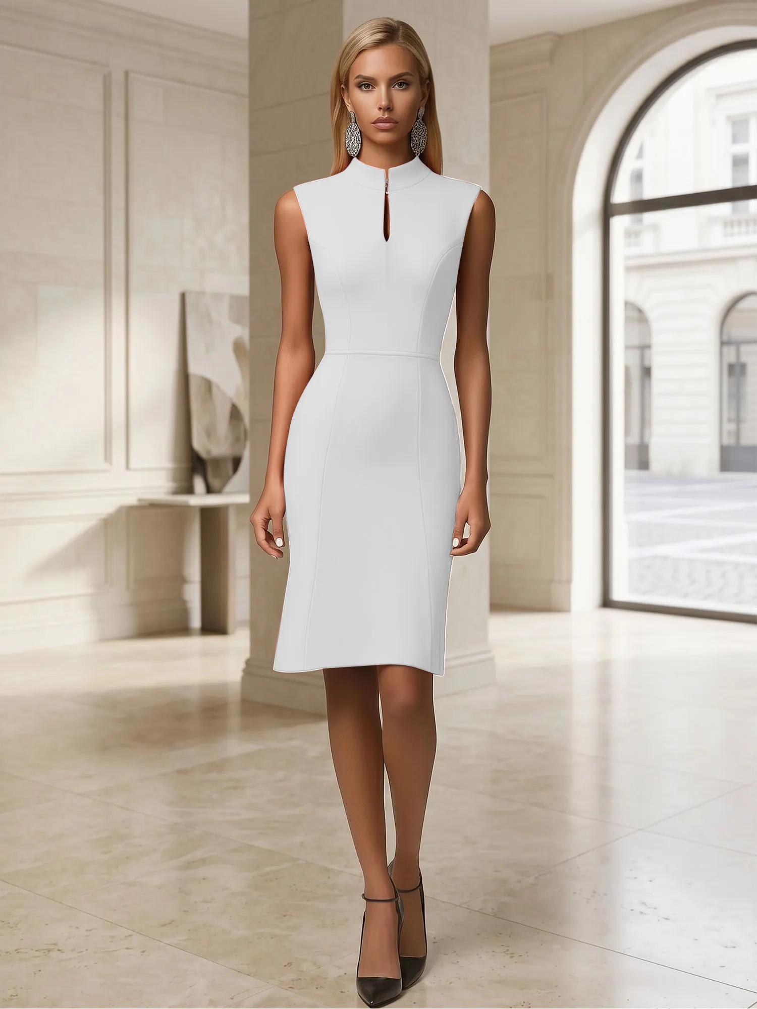 Stand Collar Keyhole Neck Crepe Sheath Evening Dress