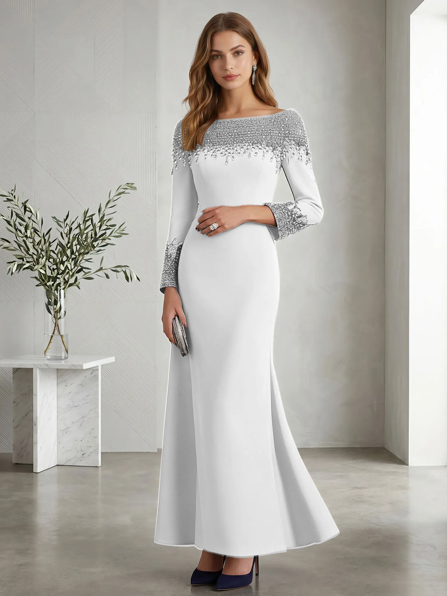 Beaded Off-the-Shoulder Long Sleeve Mermaid Evening Gown