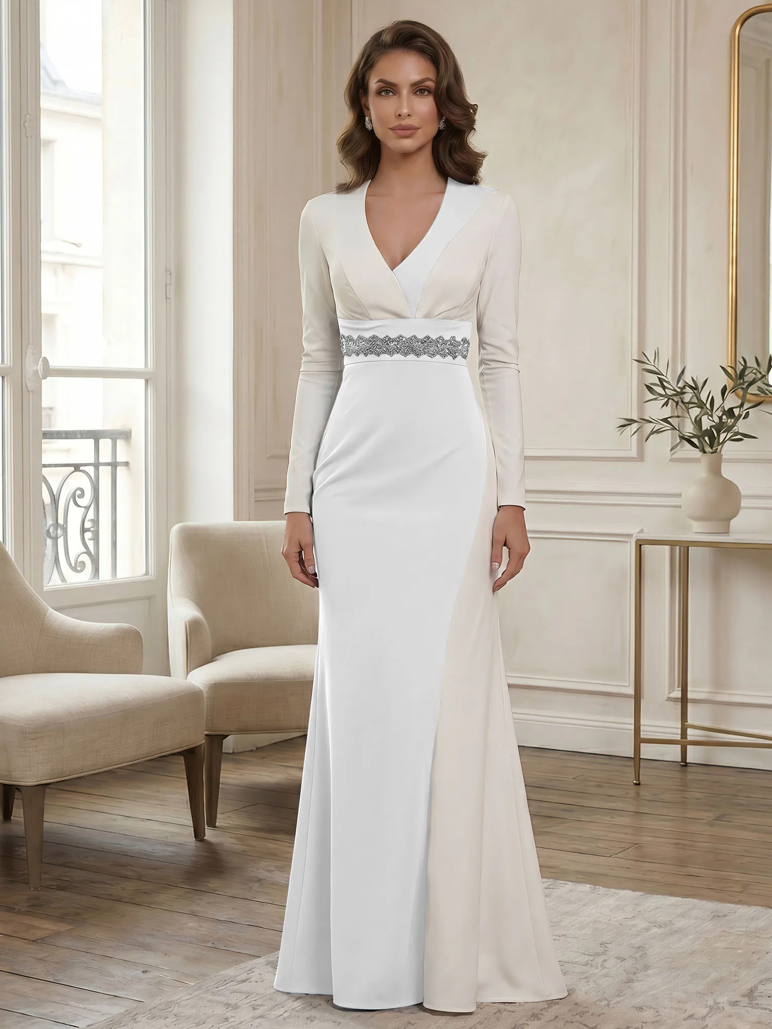 Two-Tone Long Sleeve Mermaid Evening Gown with Beaded Waistband