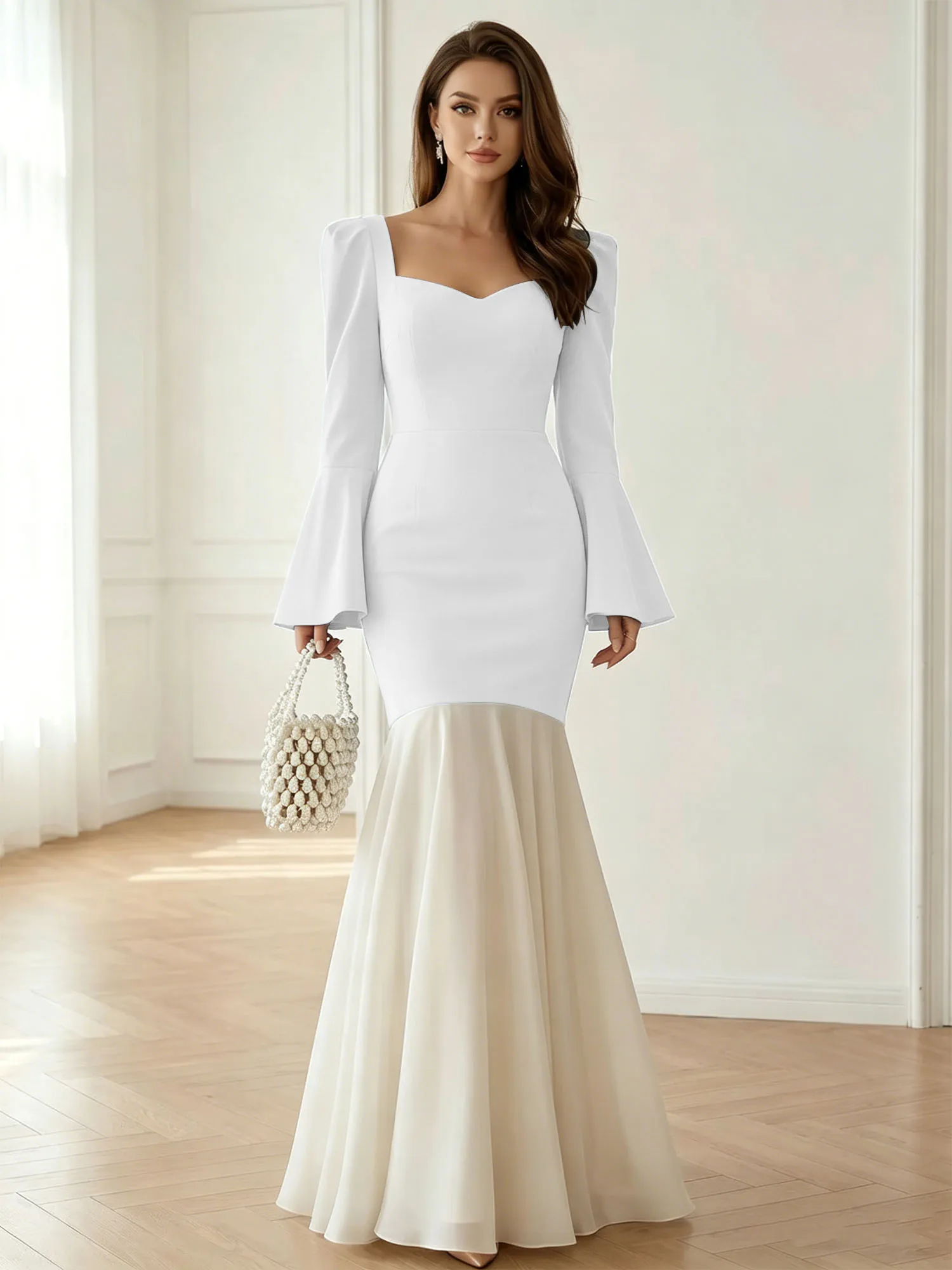 Sweetheart Neck Bell Sleeve Two-Tone Mermaid Evening Gown