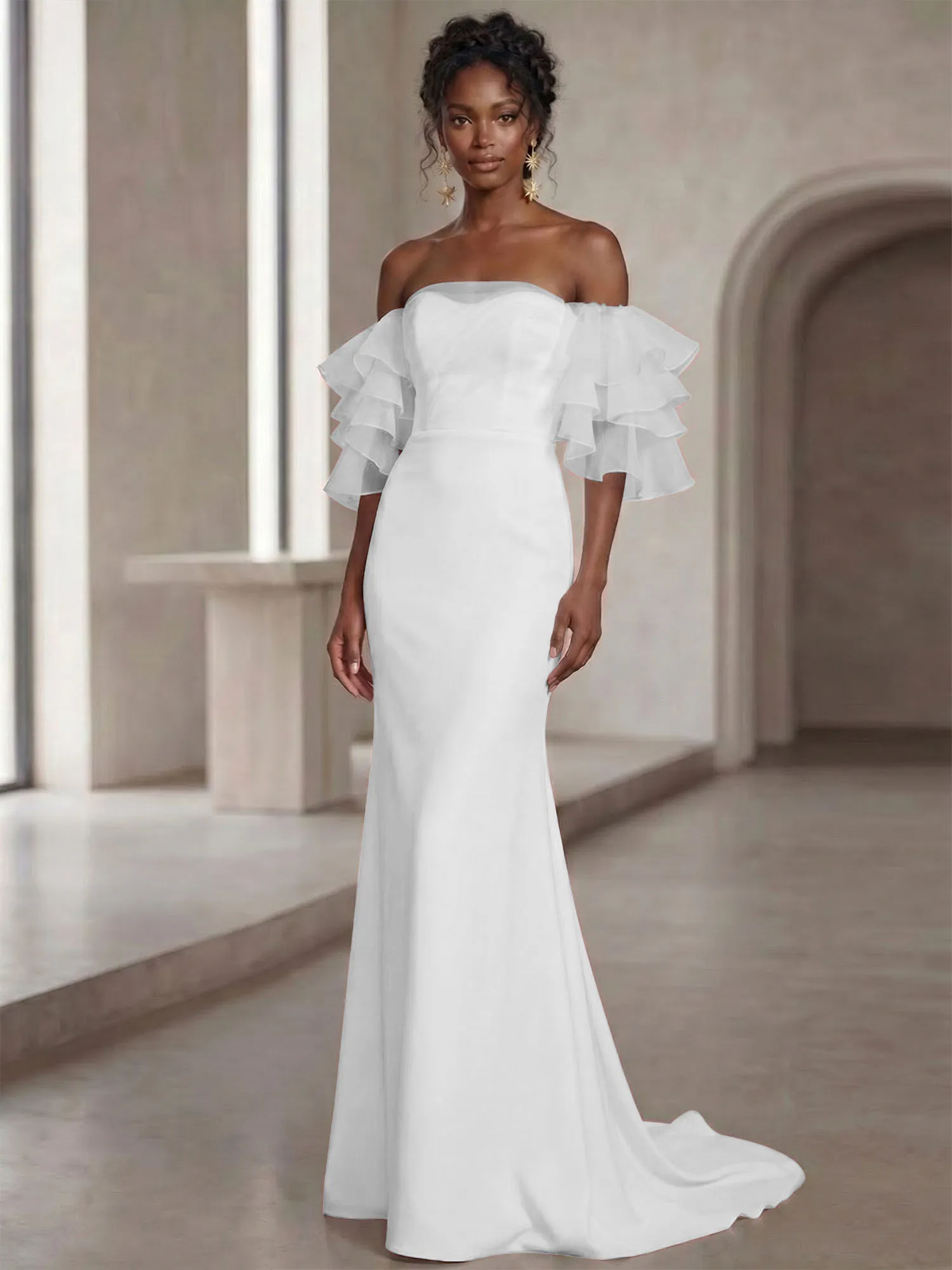 Off-the-Shoulder Tiered Organza Sleeve Mermaid Evening Gown