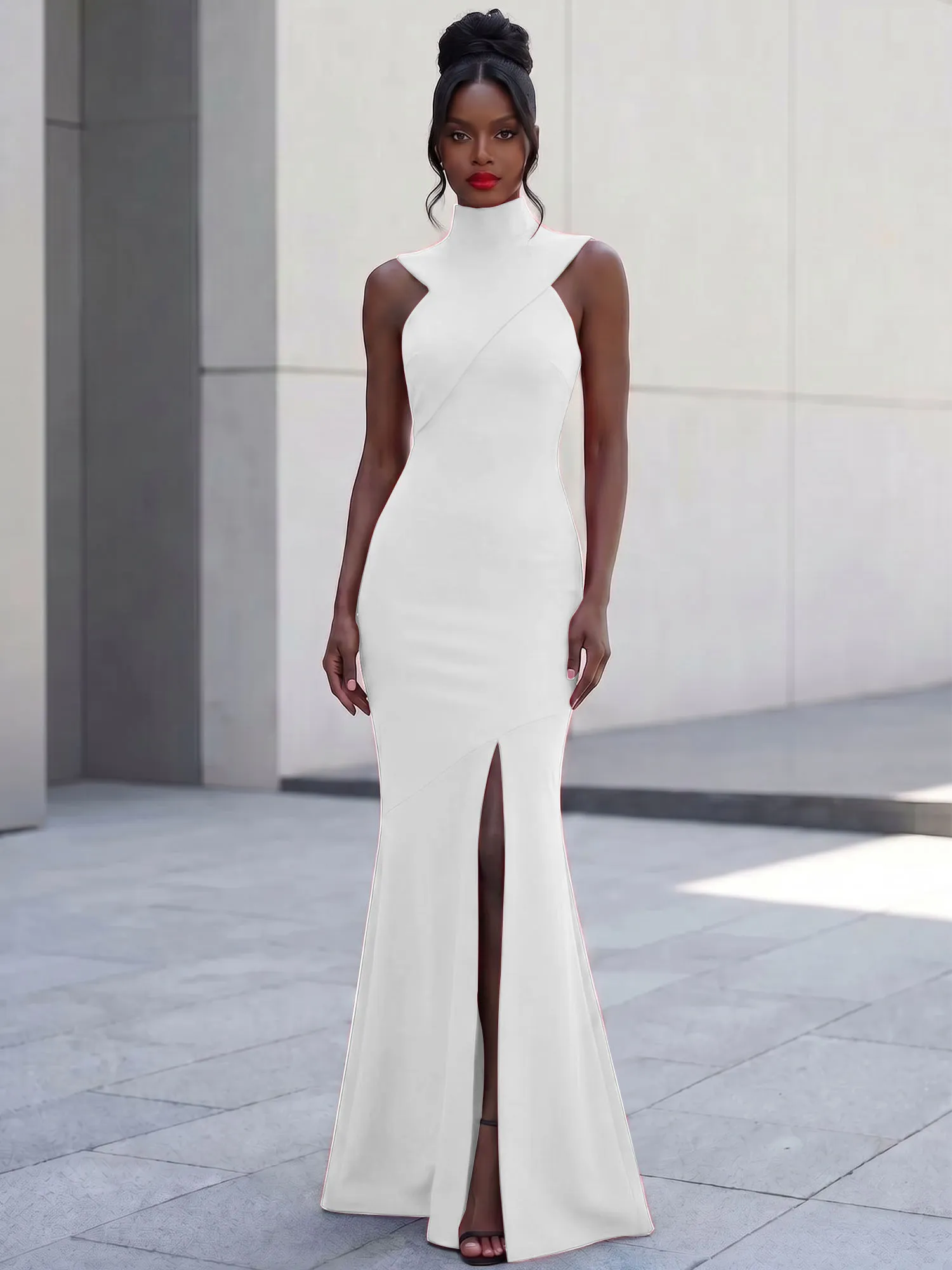 High Neck Asymmetric Cutout Mermaid Evening Gown