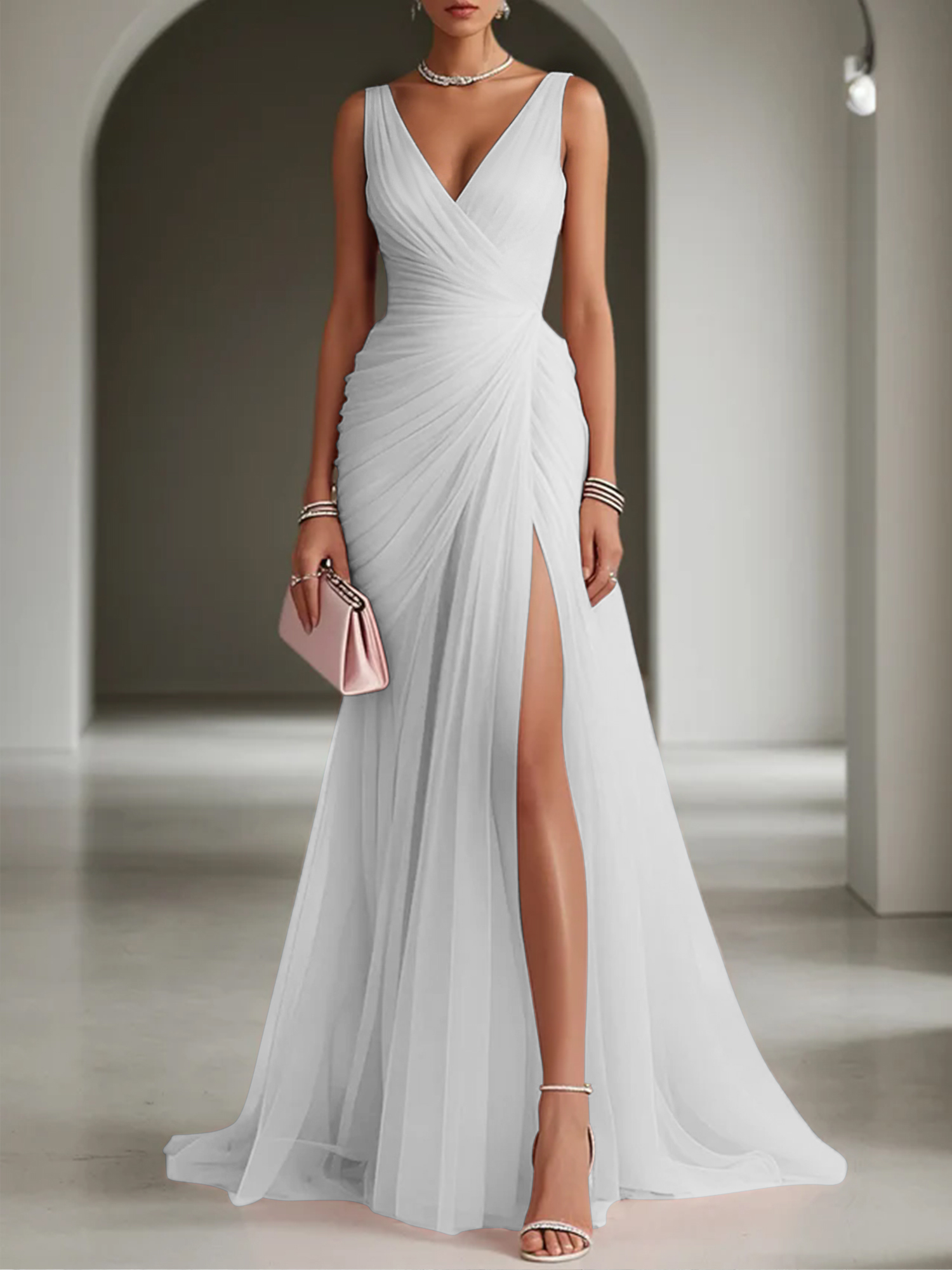 Pink Ruched Slit Tulle V Neck One Shoulder Sheath Gown Dress