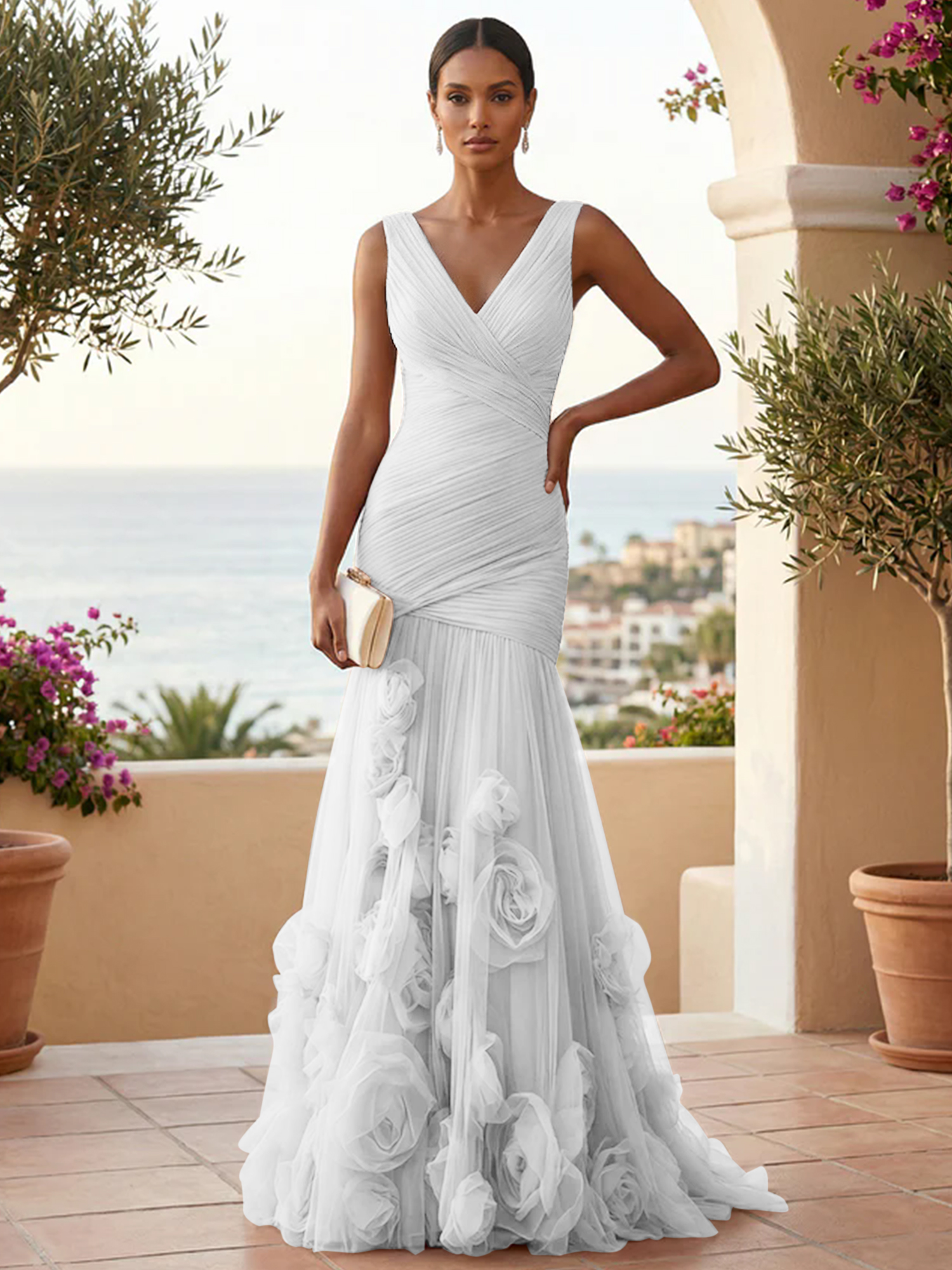 Sweetheart Tulle V Neck Pleat Mermaid Evening Dresses with 3D Flower