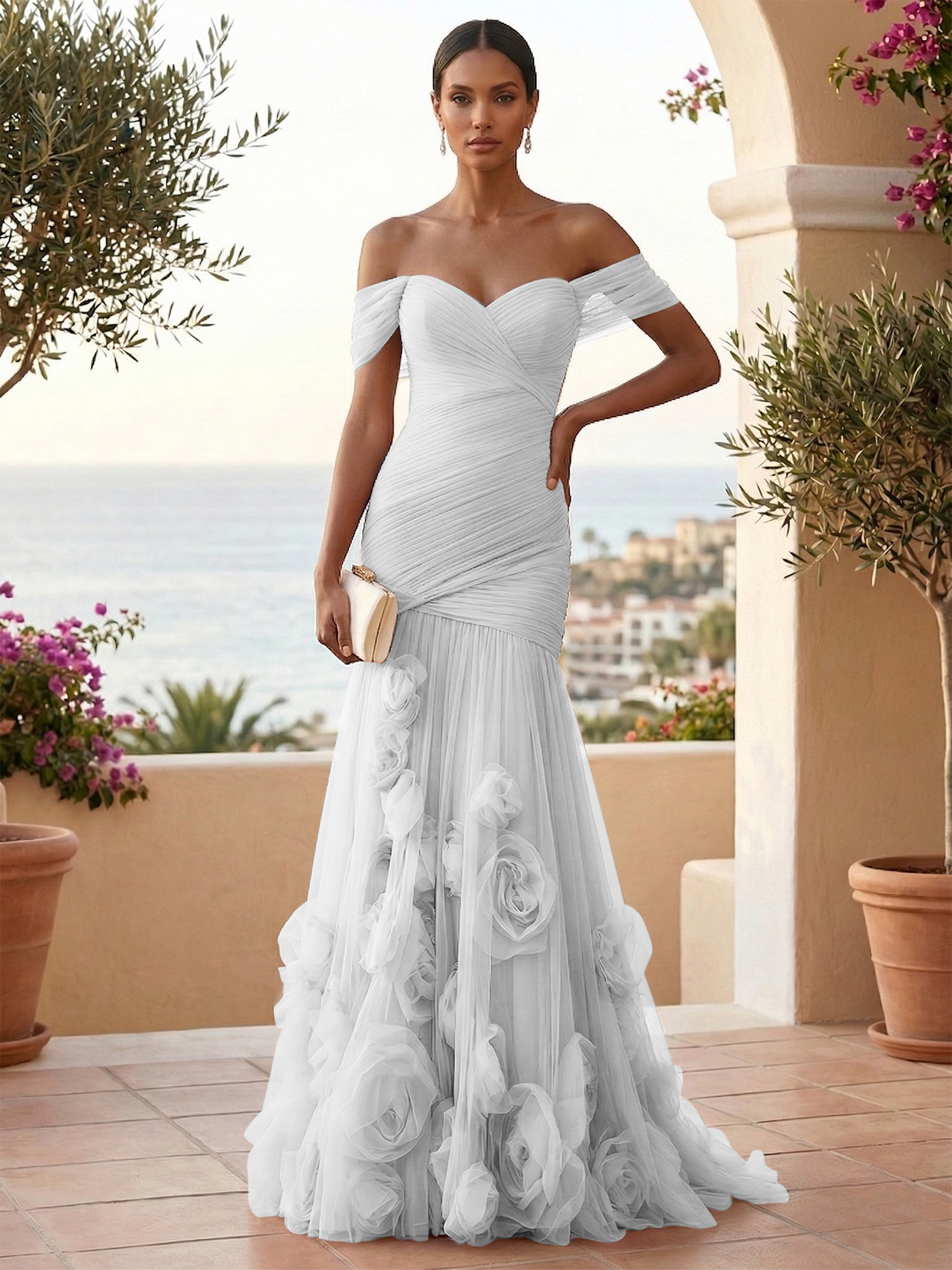 Sweetheart Tulle Off the Shoulder Pleat Mermaid Evening Dresses with 3D Flower