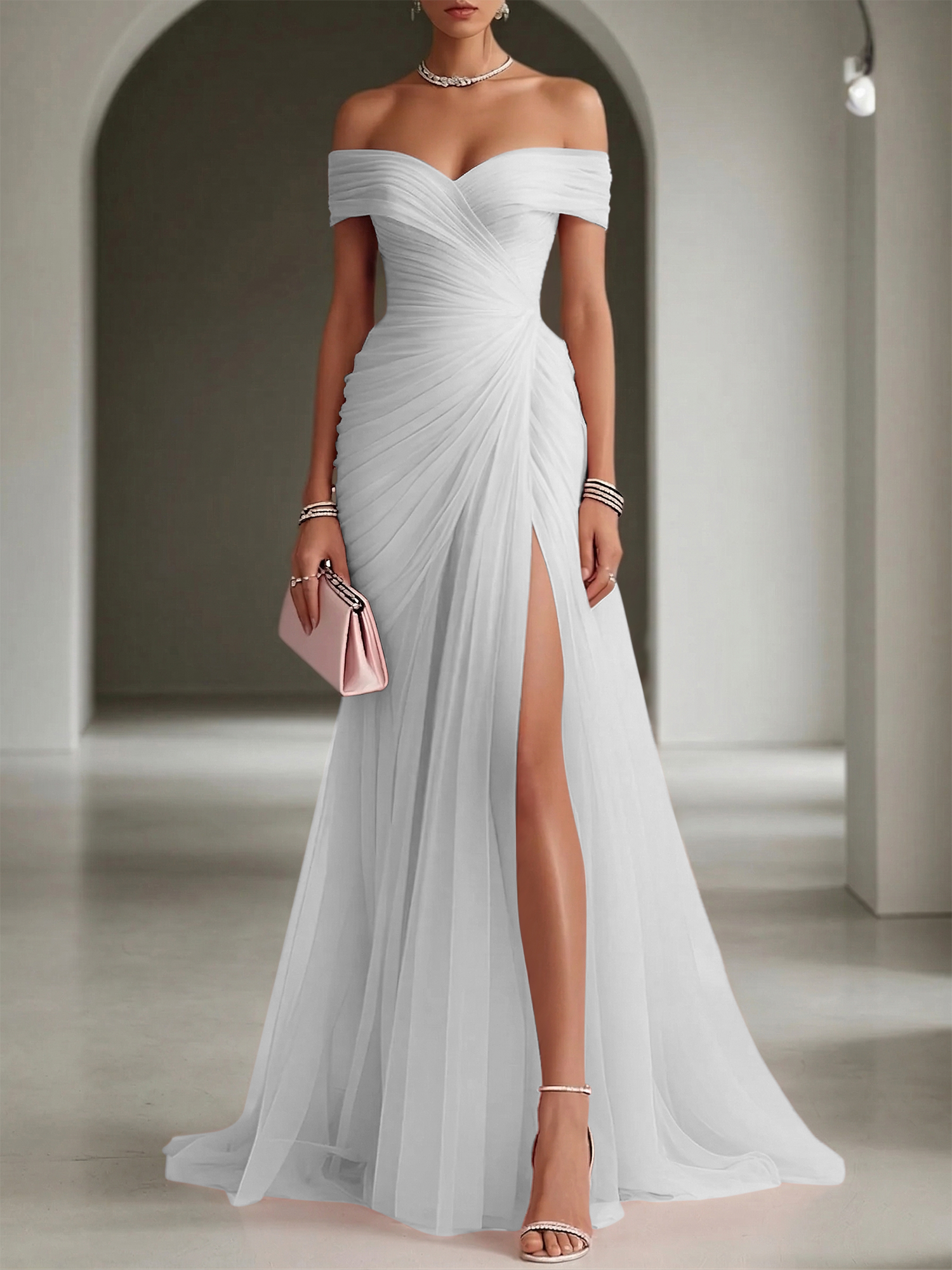 Blush Ruched Slit Tulle Off the Shoulder Sleeveless Sheath Gown Dress