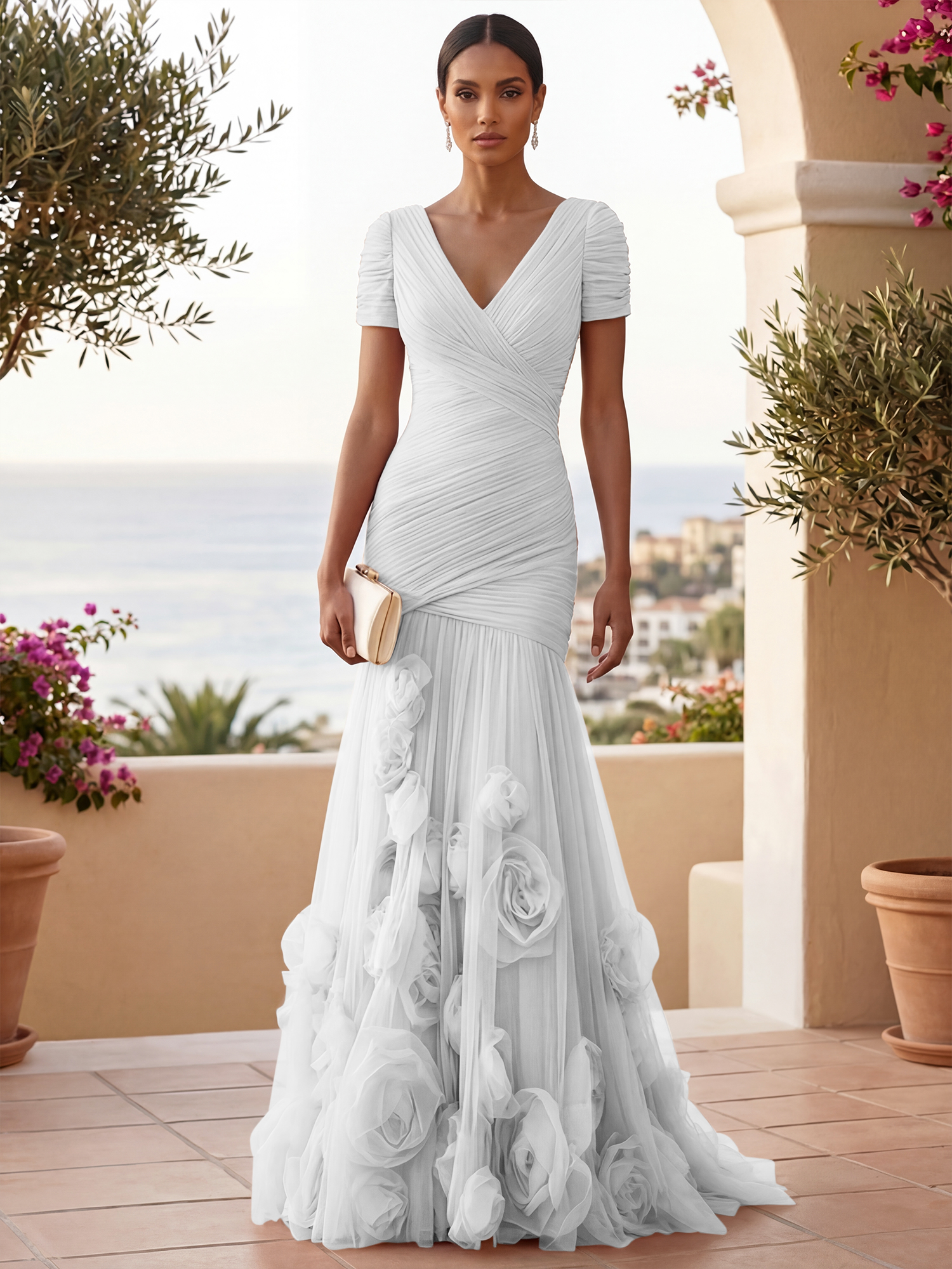 Sweetheart Tulle Short Sleeves Pleat Mermaid Evening Dresses with 3D Flower