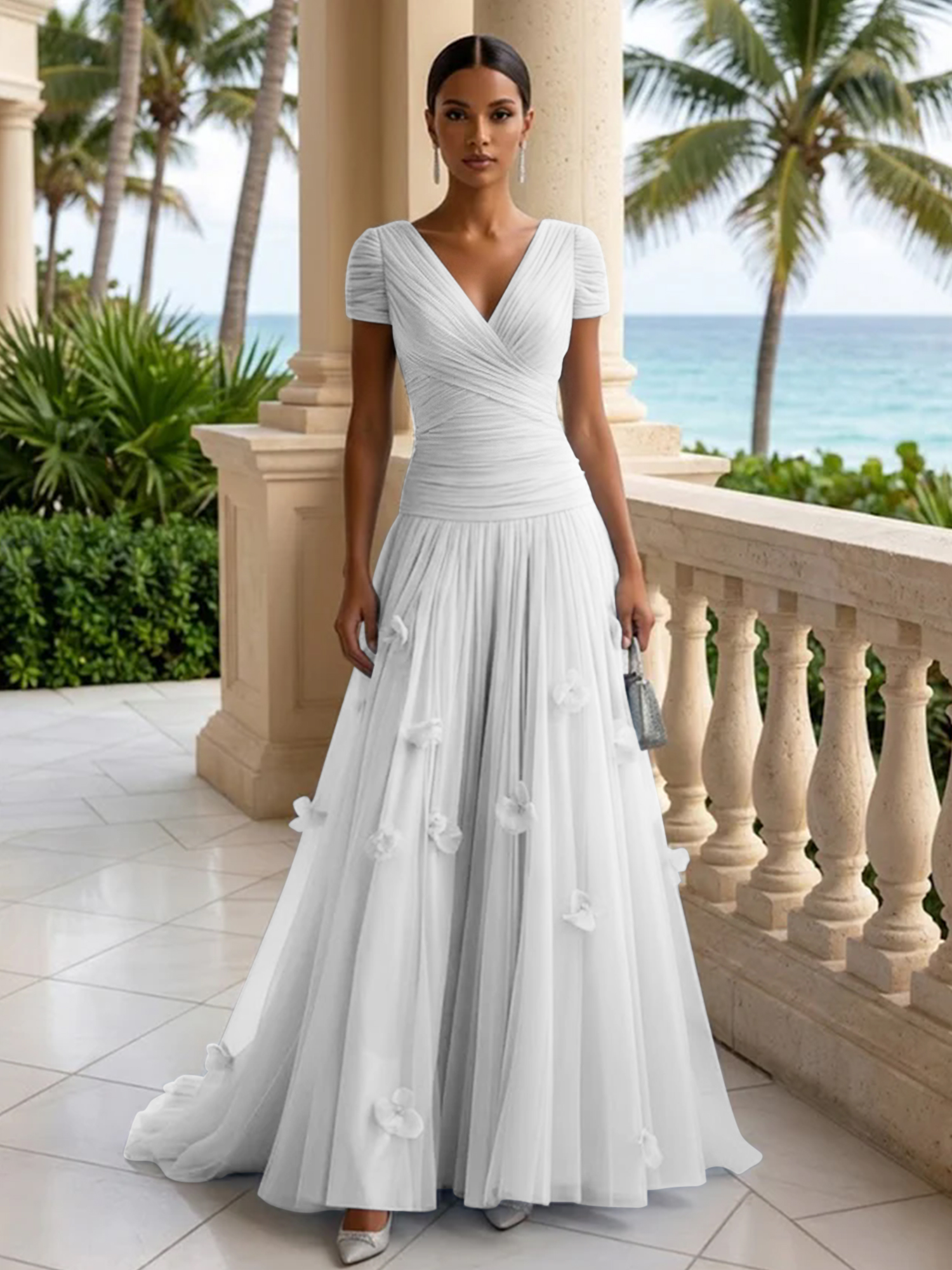 Elegant V-Neck Ruched Tulle A-Line Evening Gown with 3D Floral Appliqués