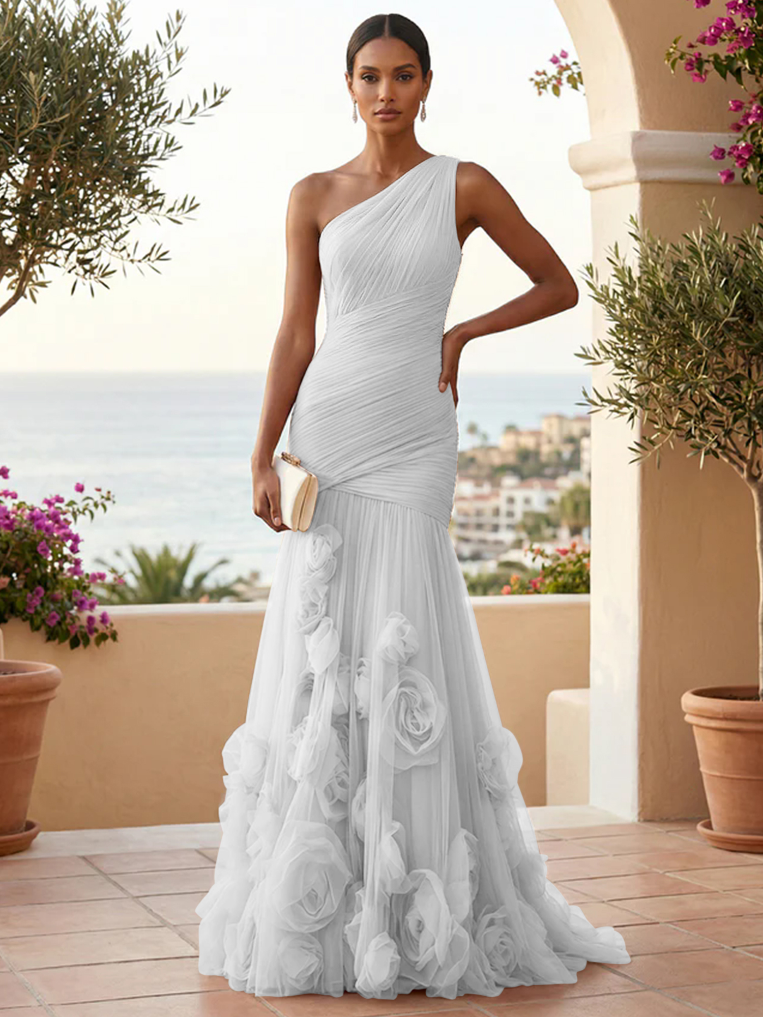 Sweetheart Tulle Pleat One Shoulder Mermaid Evening Dresses Gown with 3D Flower