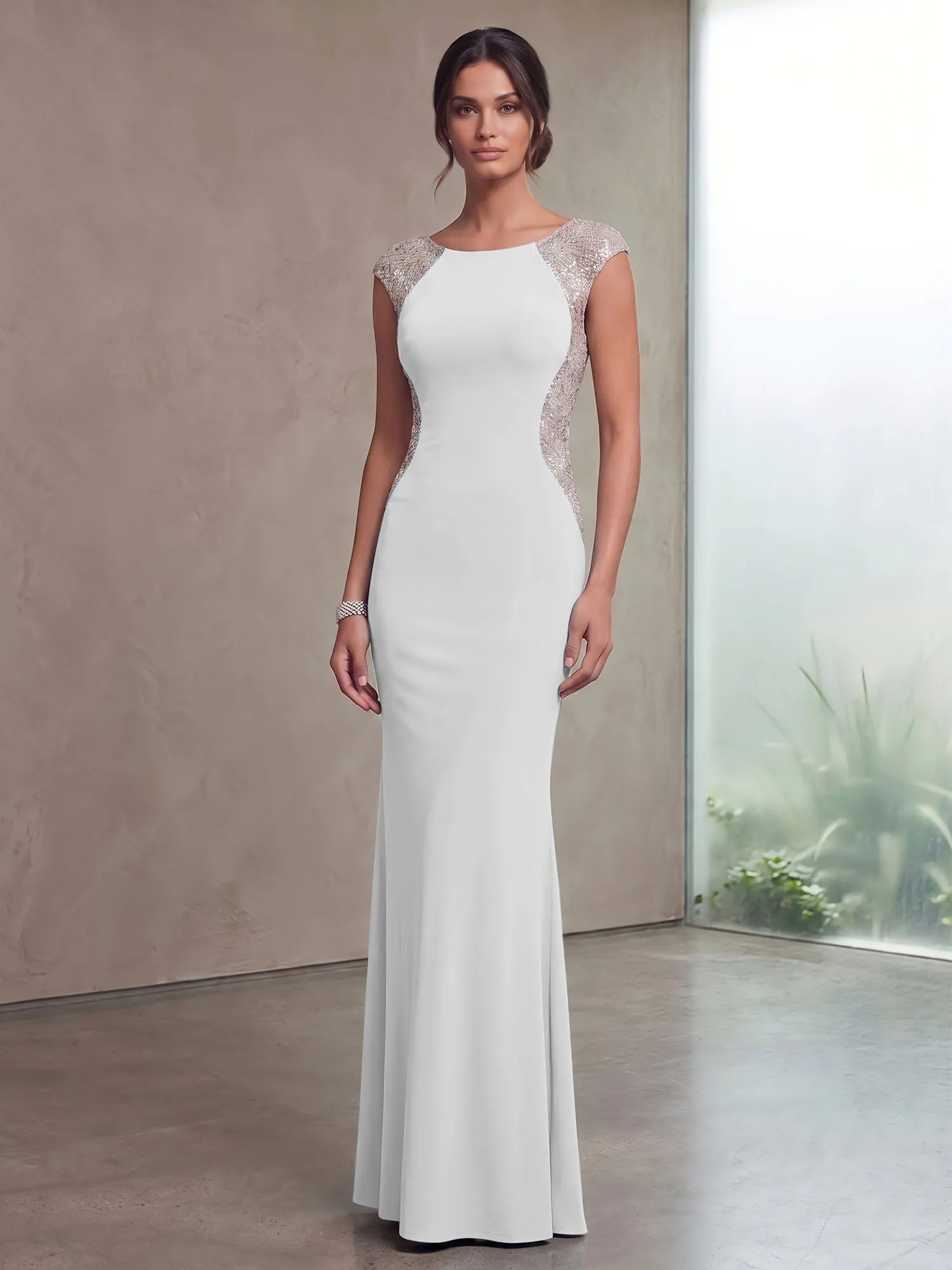Bateau Neck Sequins Cap Sleeve Mermaid Evening Gown