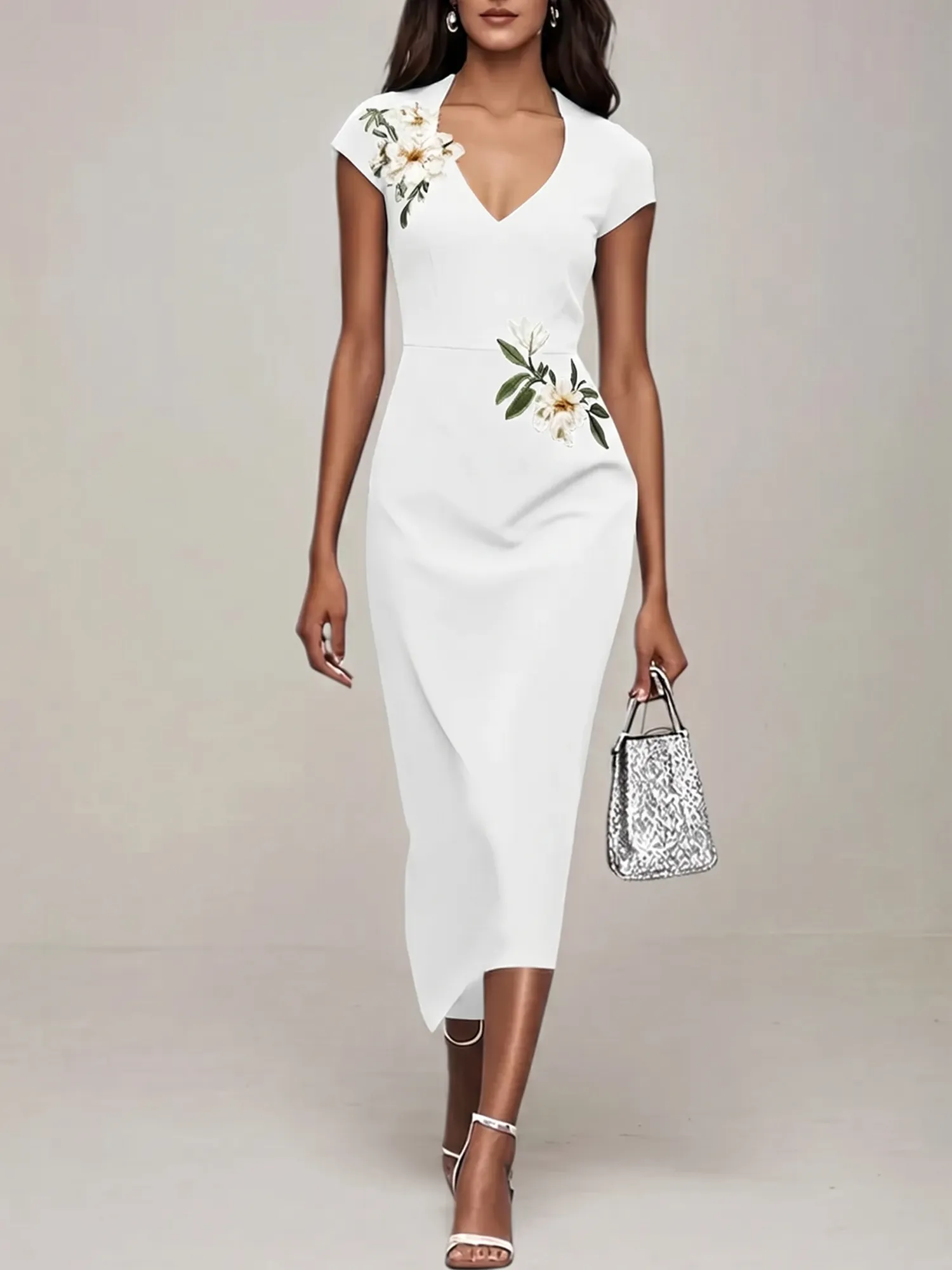 V-Neck Cap Sleeve Floral Embroidered Sheath Evening Dress
