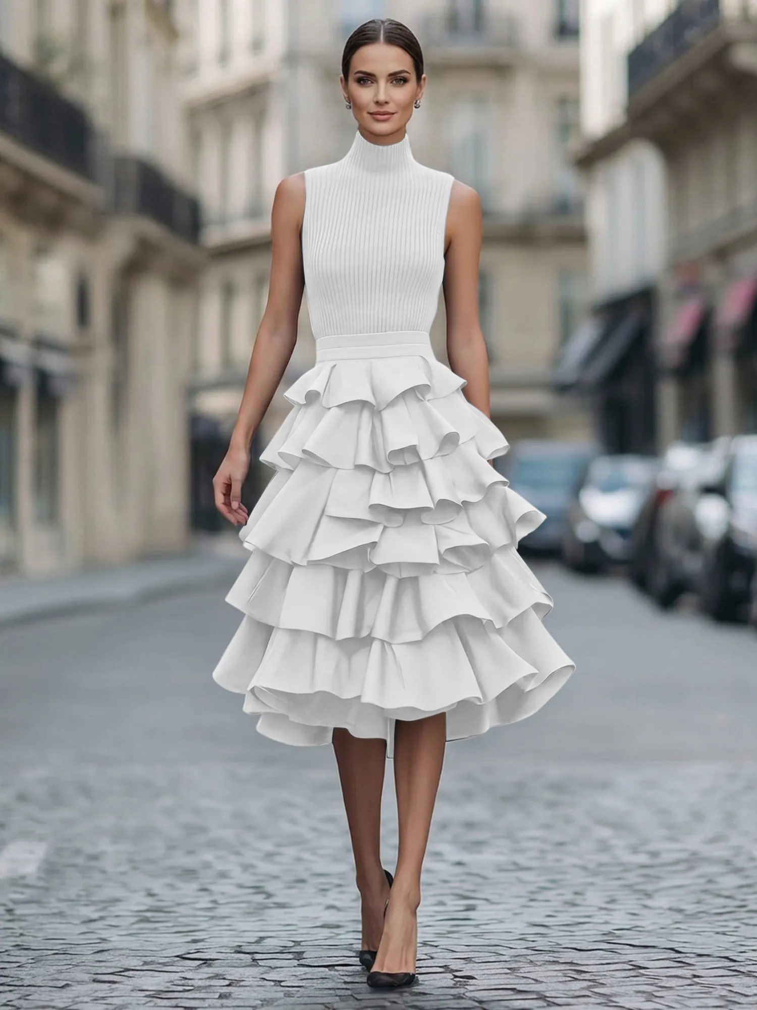 A Line High-Neck Pleated Tiered Evening Dress Maxi Dress