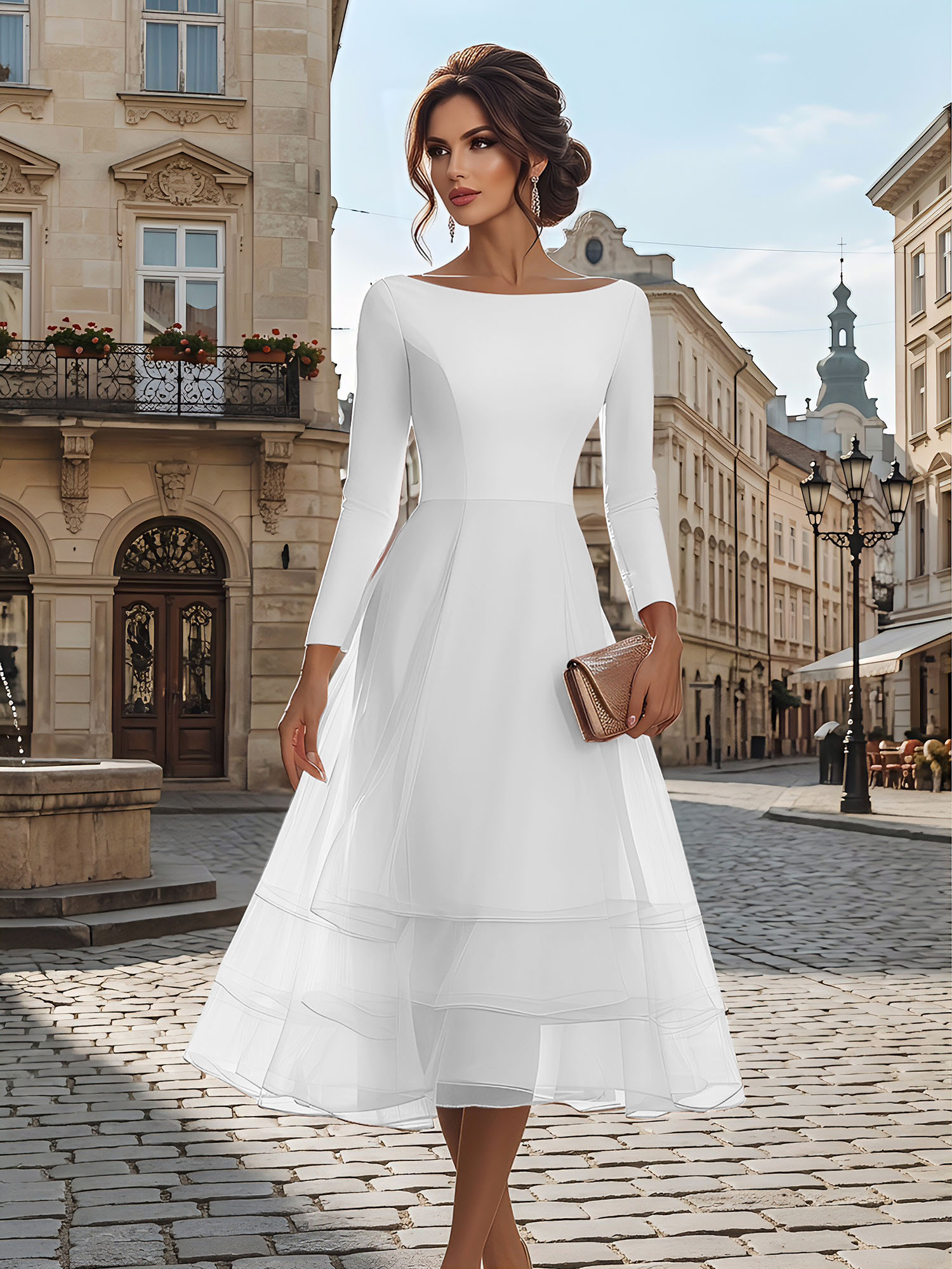 Timeless Evening Foraml Gown Blush Pink Long-Sleeve Layered Organza Midi Dress