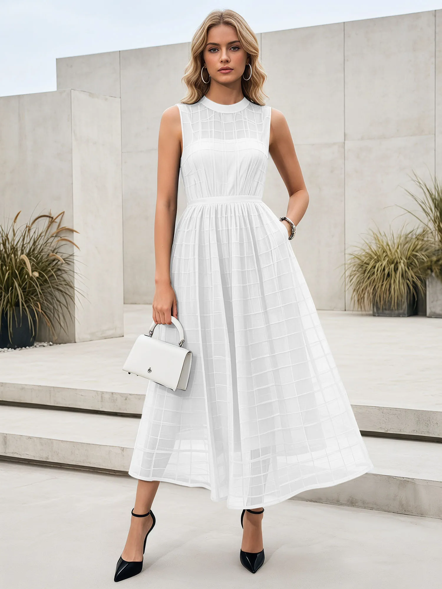 Sleeveless Grid Mesh A-Line Midi Evening Dress