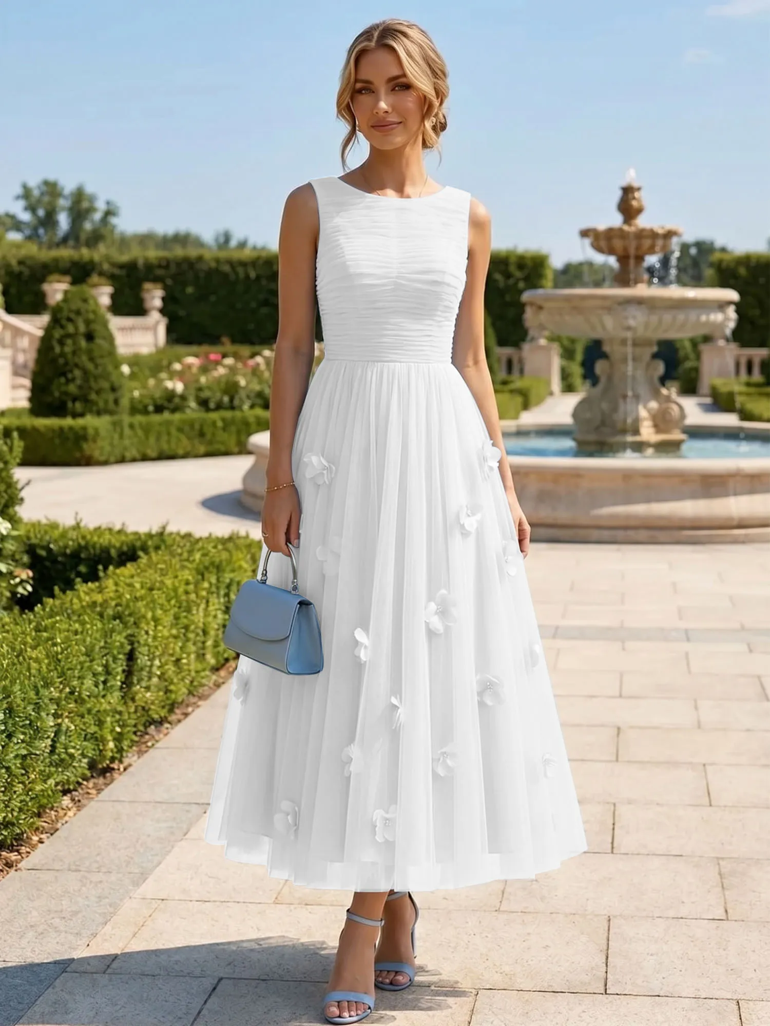 A Line Sleeveless Tulle Midi Dress with 3D Floral Appliqués