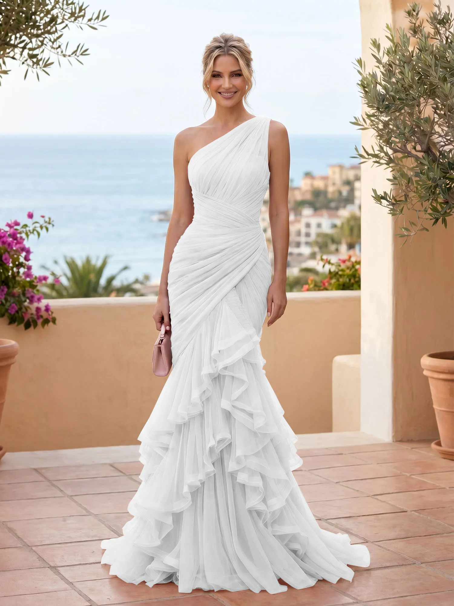 One-Shoulder Ruched Tulle Mermaid Evening Gown