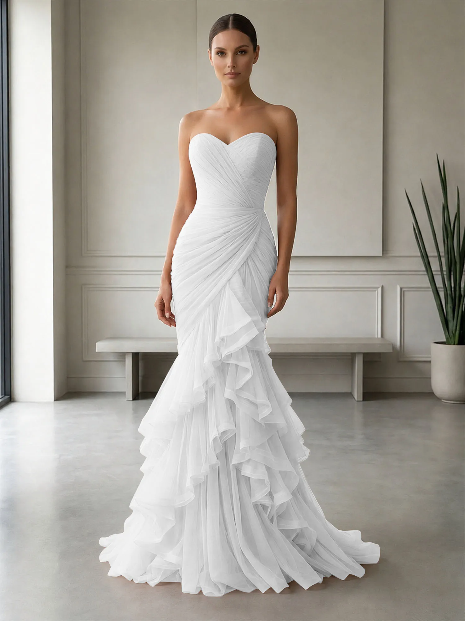 Strapless Ruched Tulle Mermaid Evening Gown Maxi Dress