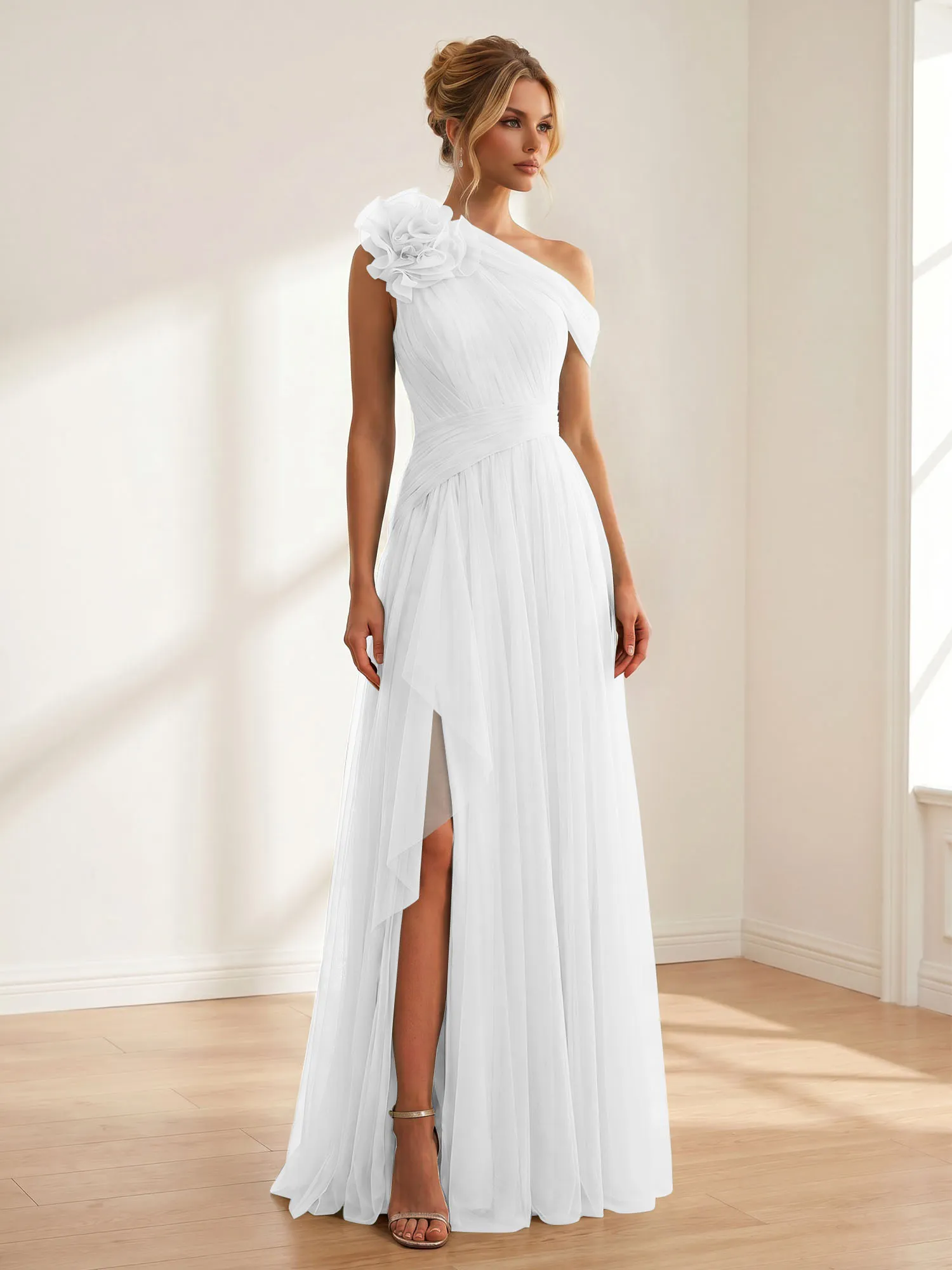 One-Shoulder Tulle Evening Gown with Floral Accent