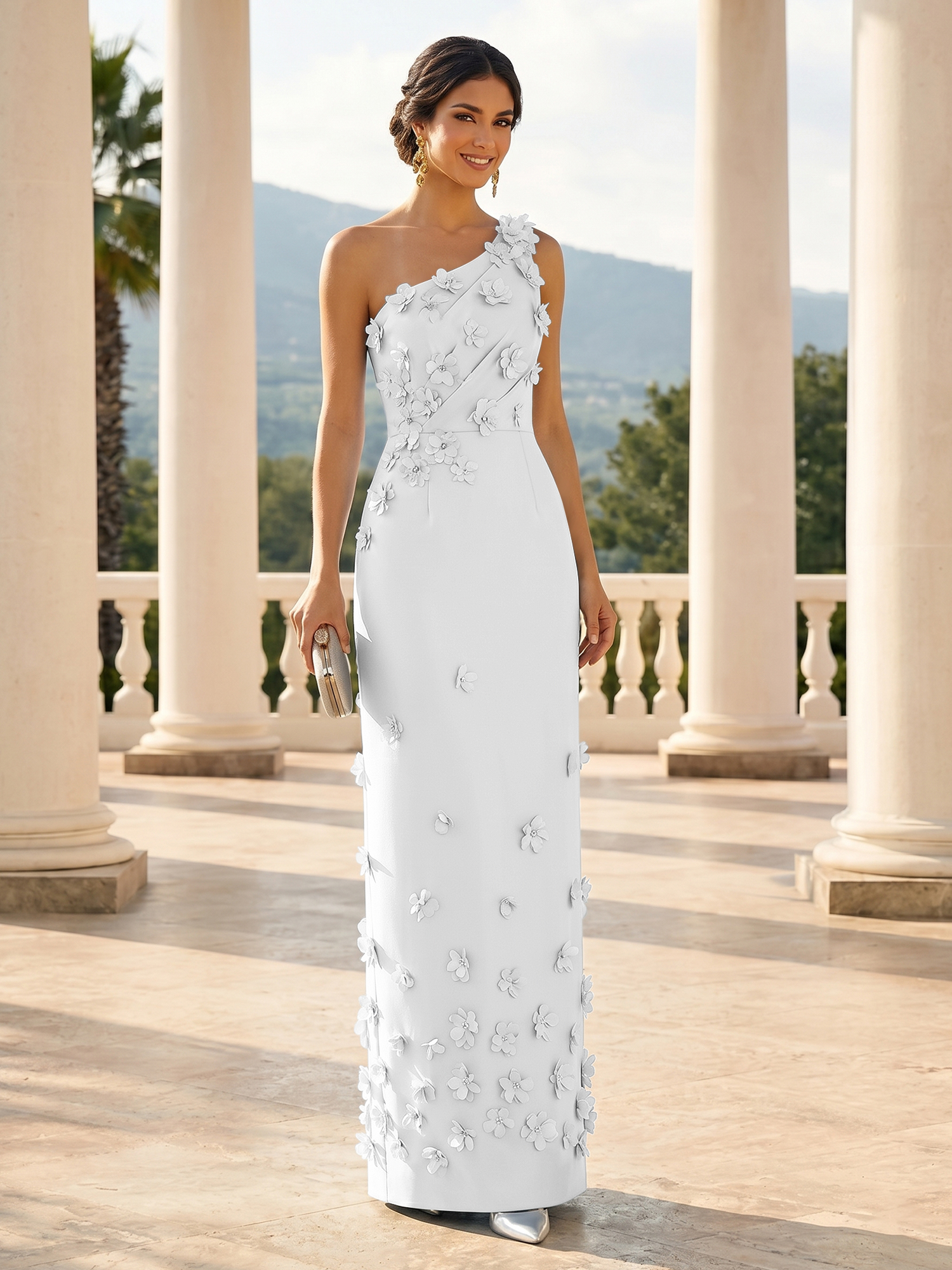 Enchanting Sky Blue One-Shoulder Evening Dress with 3D Floral Appliqués